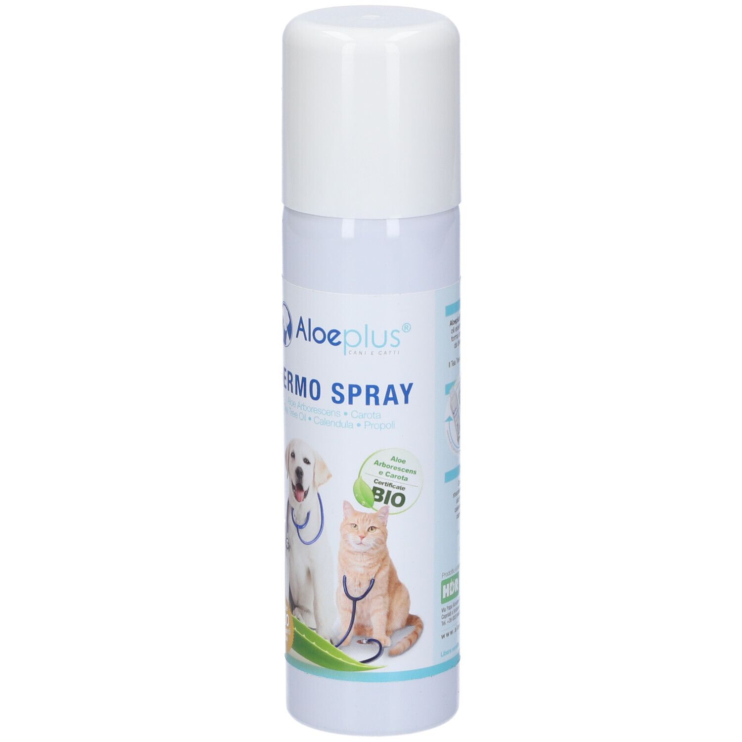 Flacone Aloeplus Dermo Spray. Tappo bianco. Scritta Dermo Spray e logo. Raffigurati un cane e un gatto.