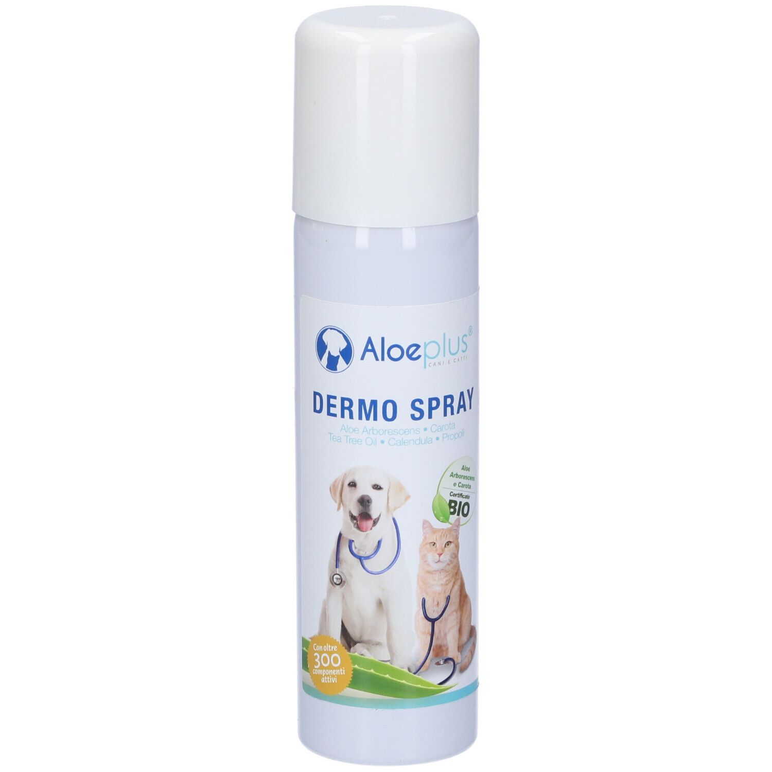 Flacone Aloeplus Dermo Spray. Tappo bianco. Scritta Dermo Spray e logo. Raffigurati un cane e un gatto.