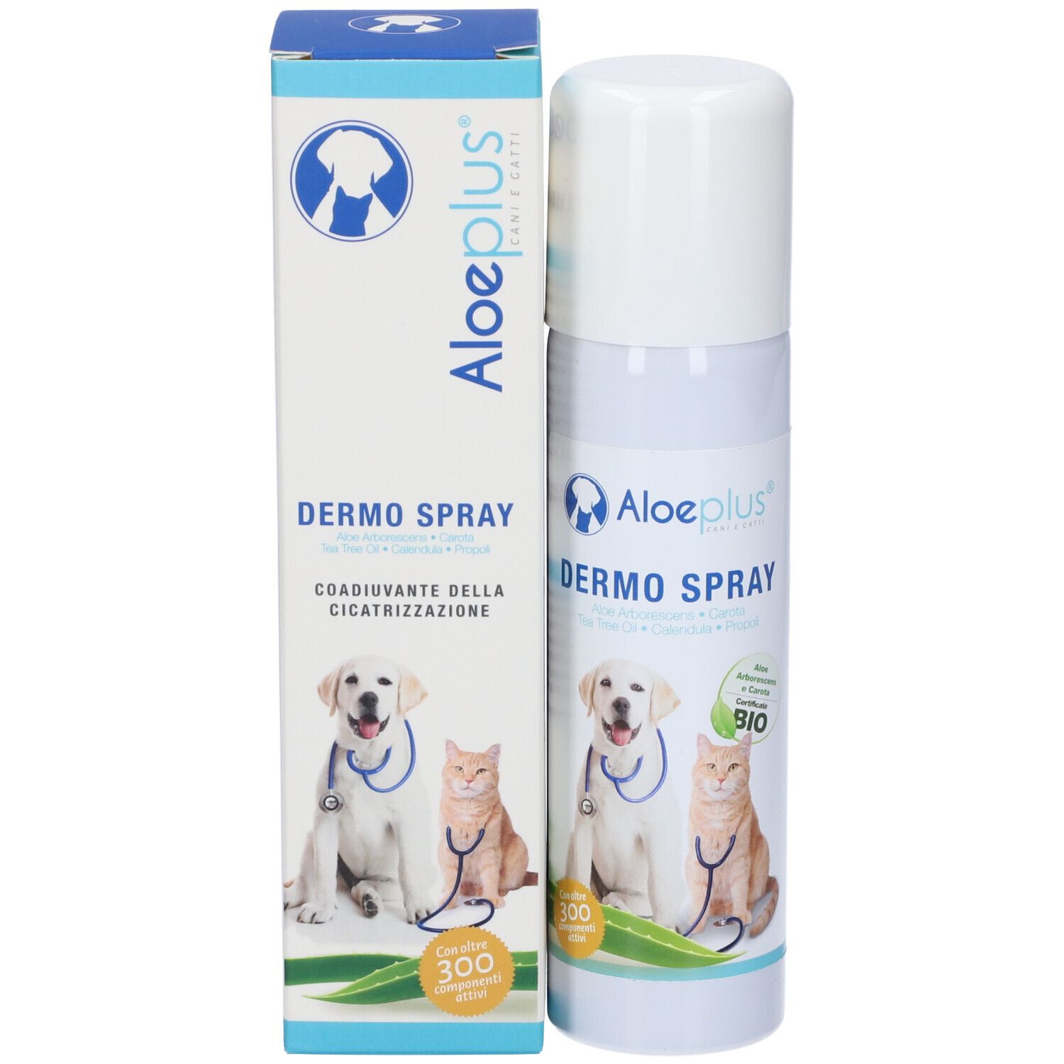 Flacone e confezione di Aloeplus Dermo Spray. Tappo bianco. Scritta Dermo Spray e logo. Raffigurati un cane e un gatto.