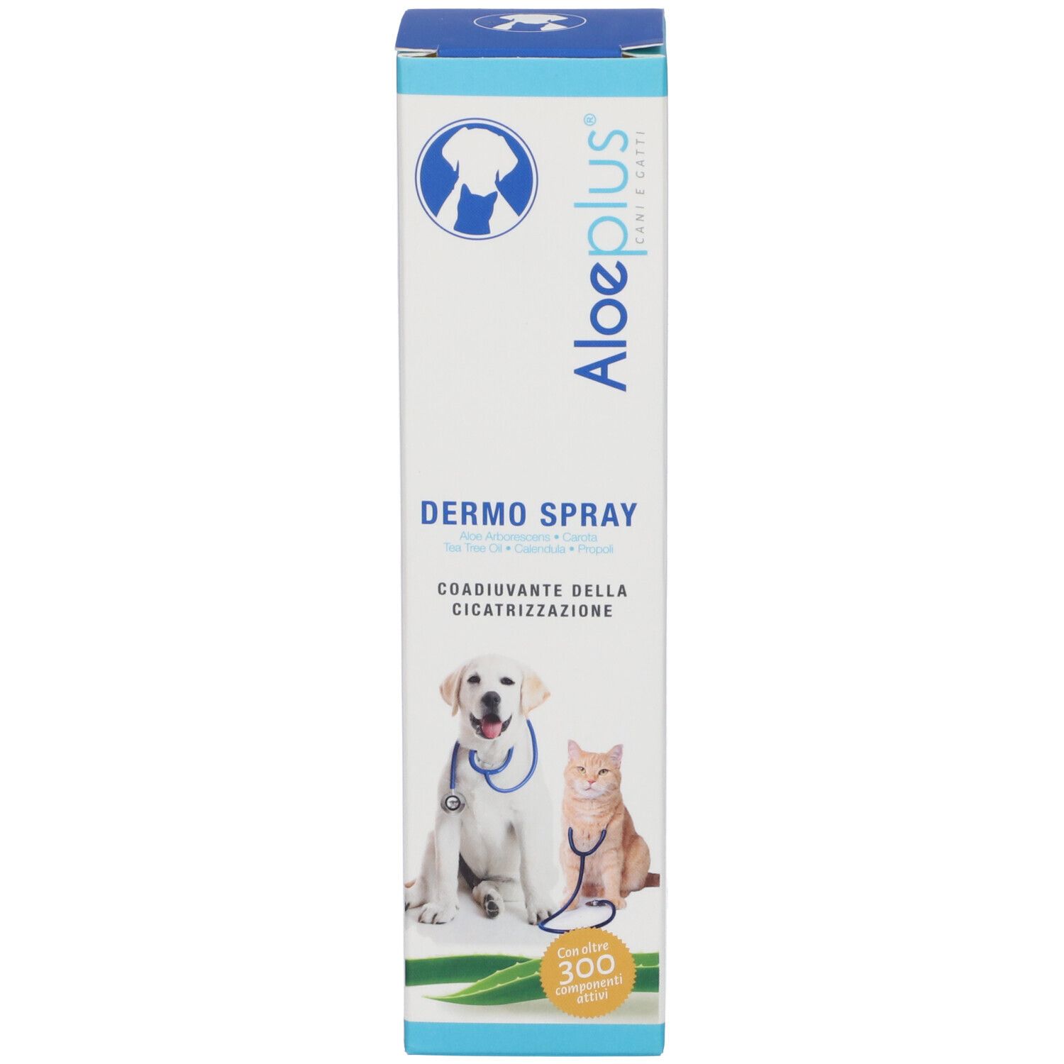 Confezione di Aloeplus Dermo Spray. Scatola bianca e blu con nome e logo del prodotto. Raffigurati un cane e un gatto.