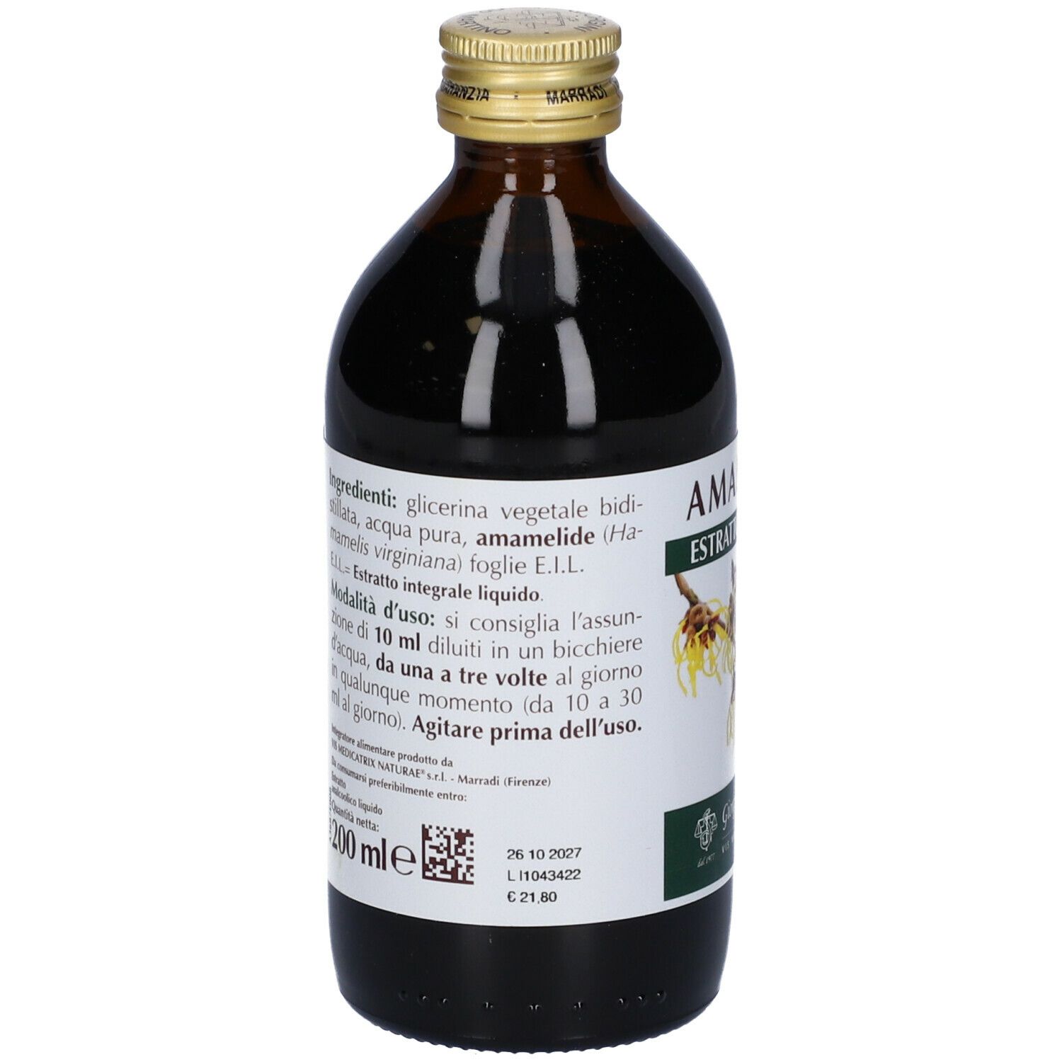 Flacone in vetro marrone con etichetta. Nome del prodotto e ingredienti. Marchio e numero di lotto visibili.