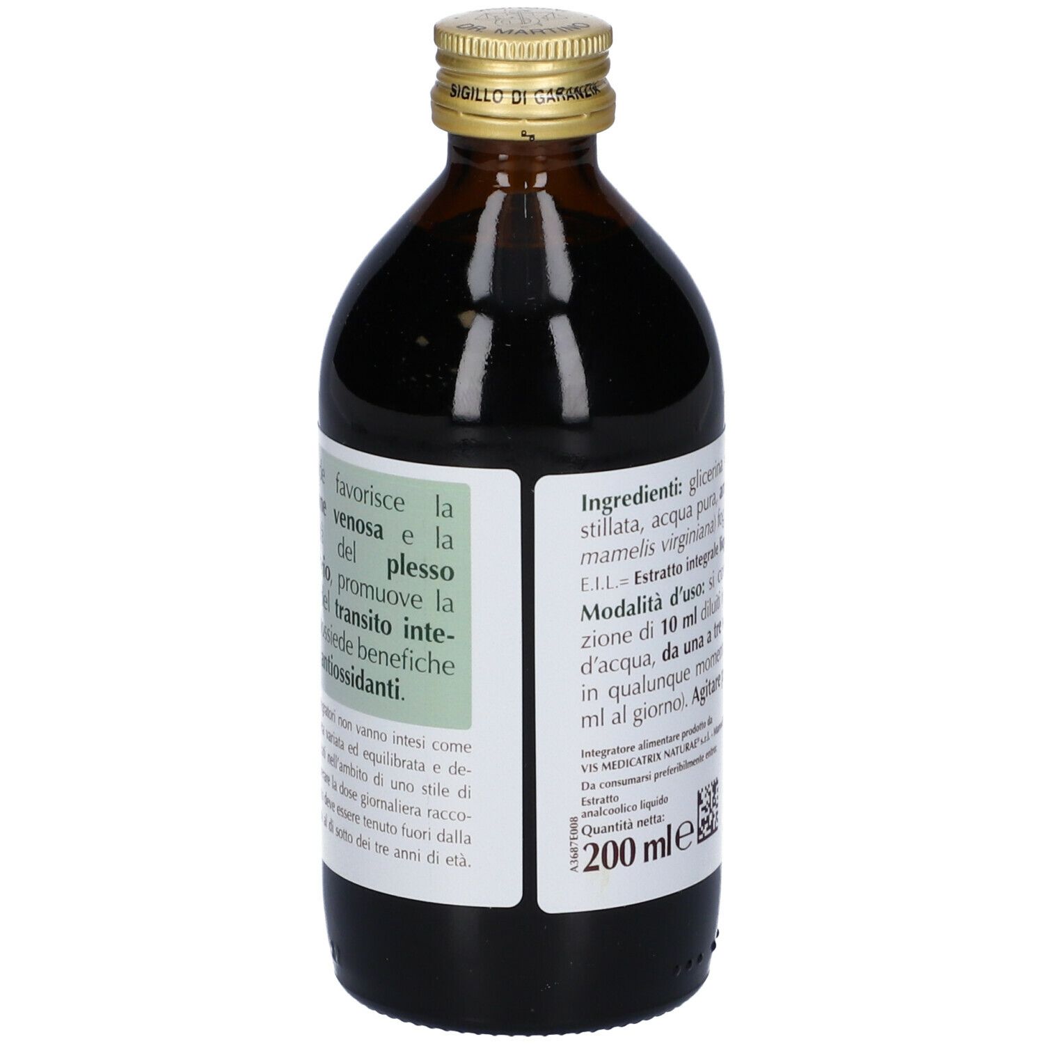 Flacone in vetro marrone con etichetta. Informazioni sul prodotto e testo. Volume: 200 ml.