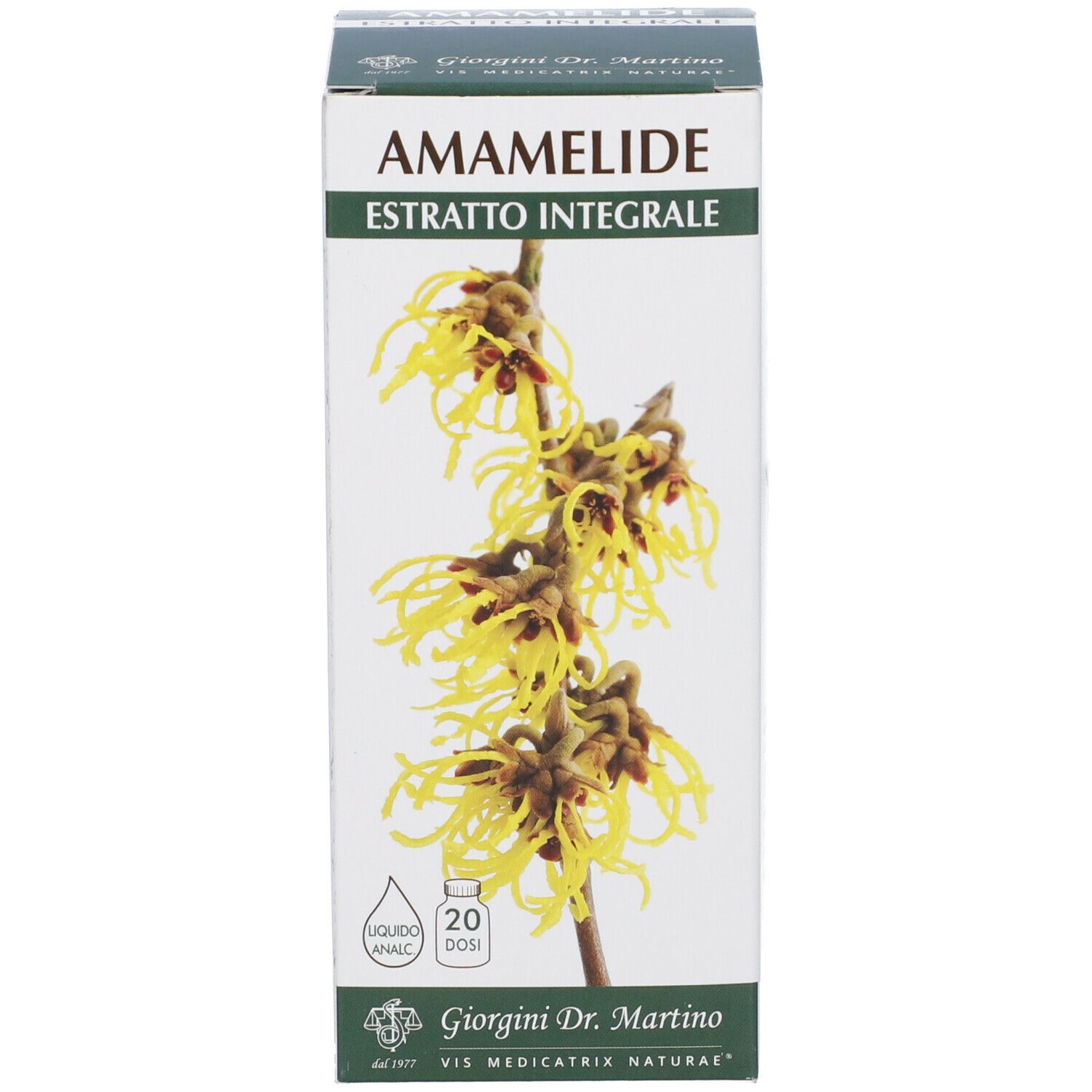Scatola con nome del prodotto e design floreale. Marchio e dosaggio. 20 dosi.