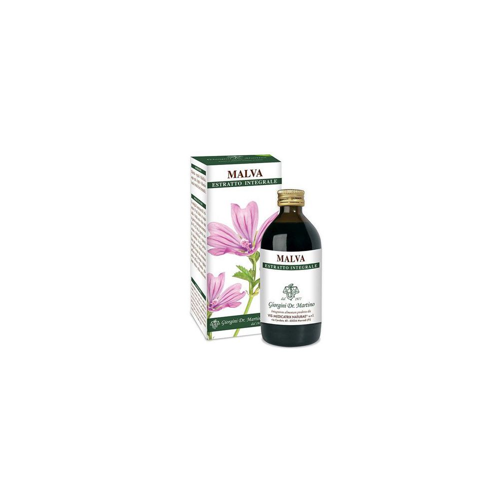 Bottiglia di vetro marrone e scatola. Scritta: MALVA, estratto. Illustrazione di un fiore di malva. Produttore: Giorgini Dr. Martino.