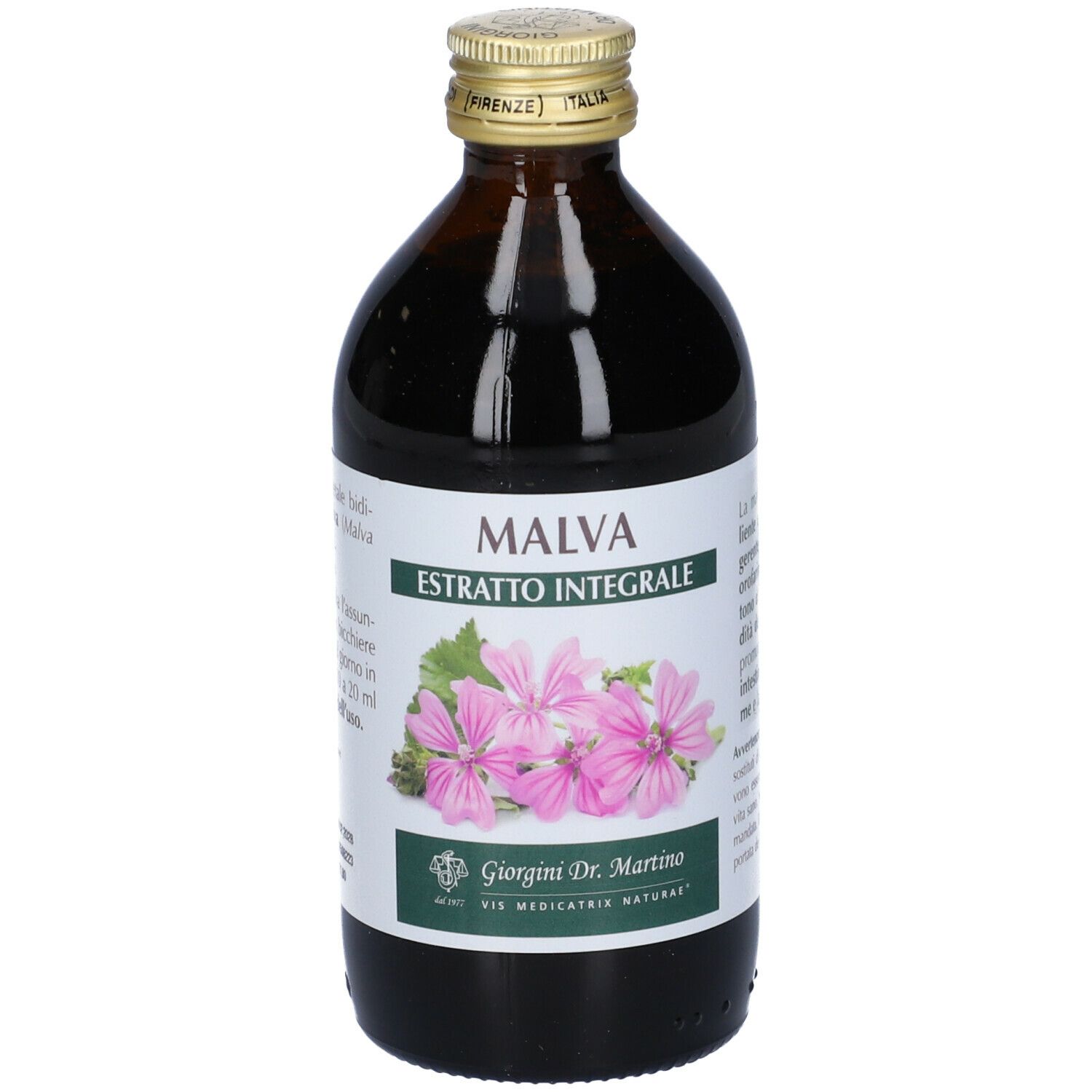 Bottiglia di vetro marrone con tappo dorato. Scritta: MALVA, estratto. Etichetta con fiori di malva. Produttore: Giorgini Dr. Martino.