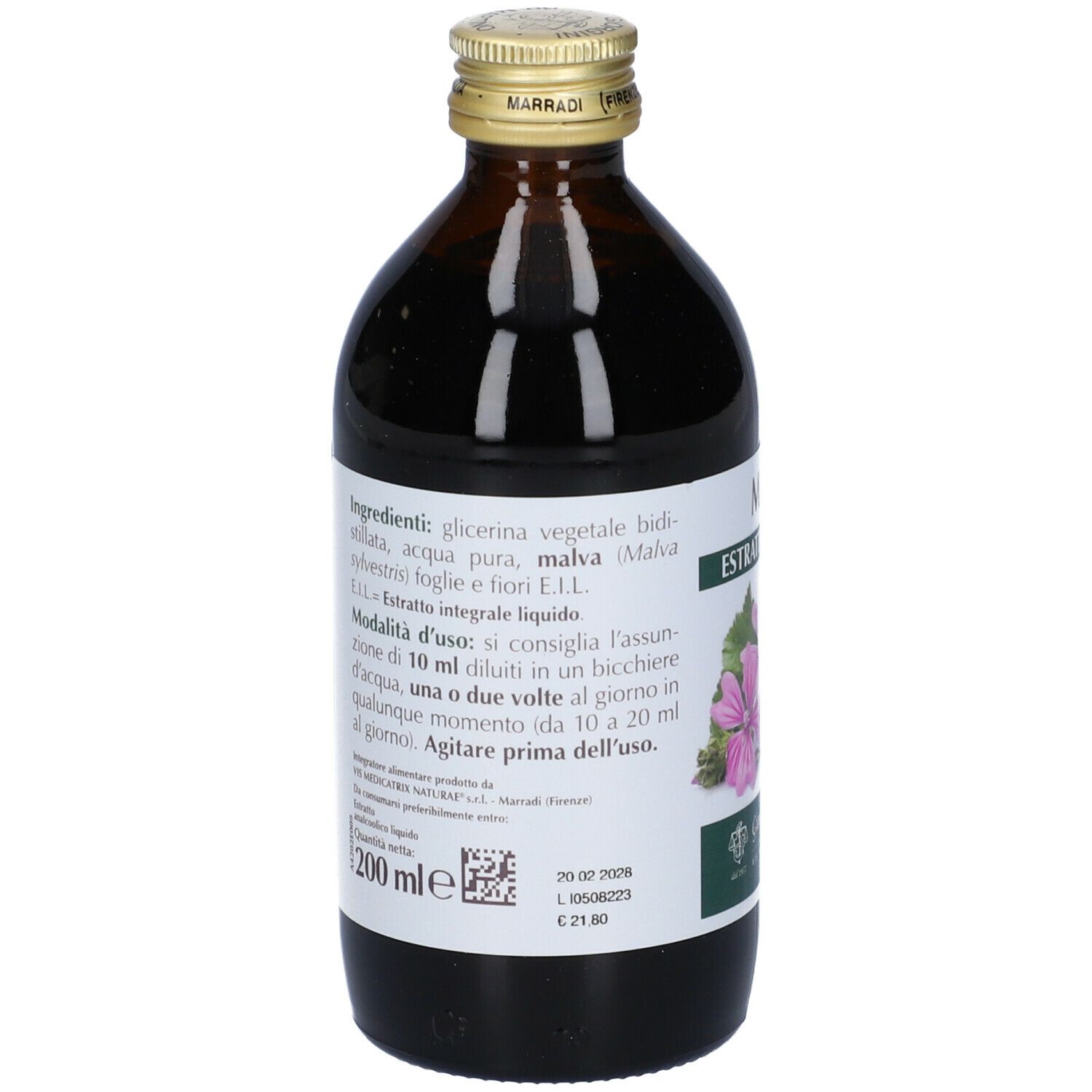 Bottiglia di vetro marrone. Etichetta con ingredienti e istruzioni per l'uso. Scritta: MALVA, estratto. Produttore: Giorgini Dr. Martino.