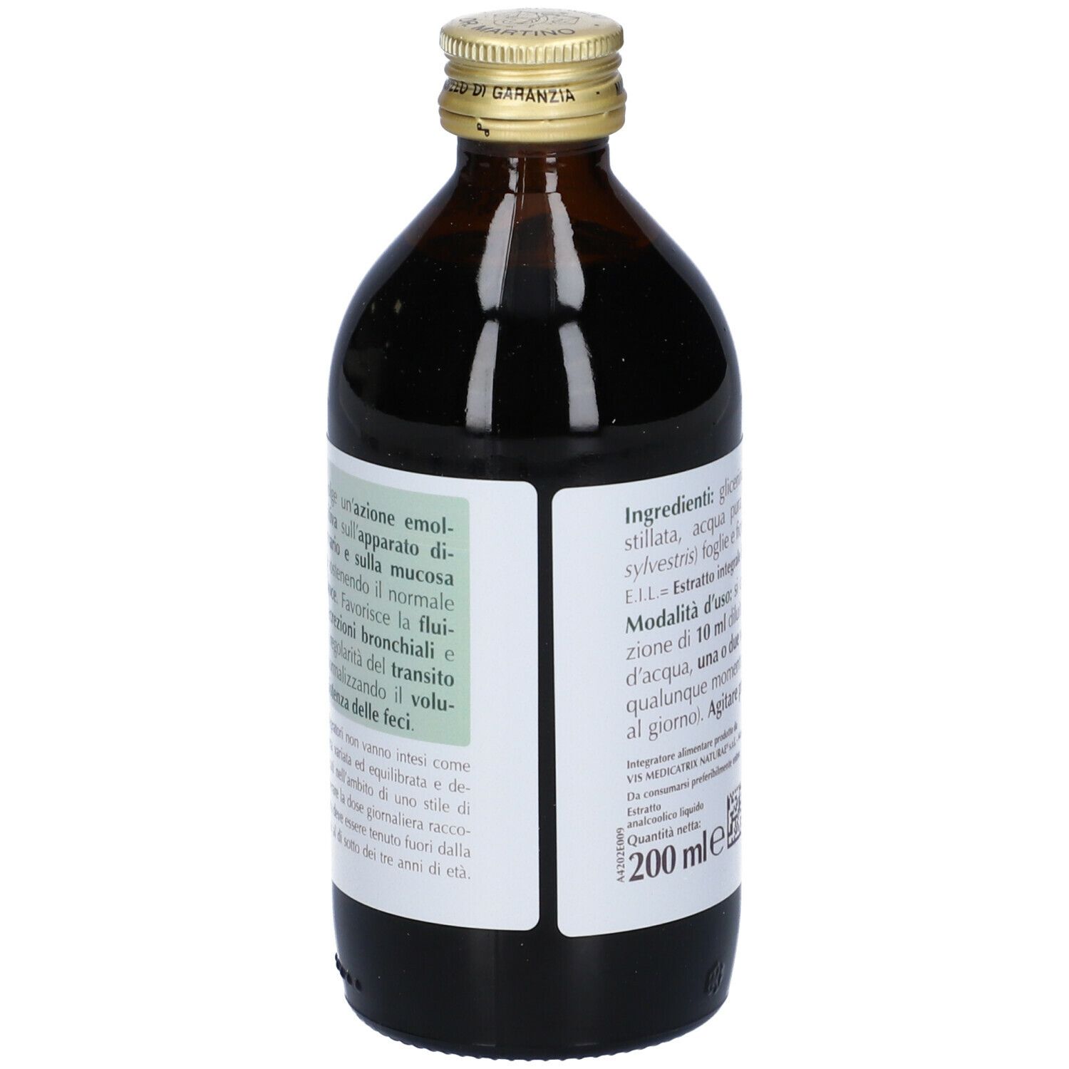 Bottiglia di vetro marrone. Etichetta con ingredienti e istruzioni per l'uso. Scritta: MALVA, estratto. Produttore: Giorgini Dr. Martino.
