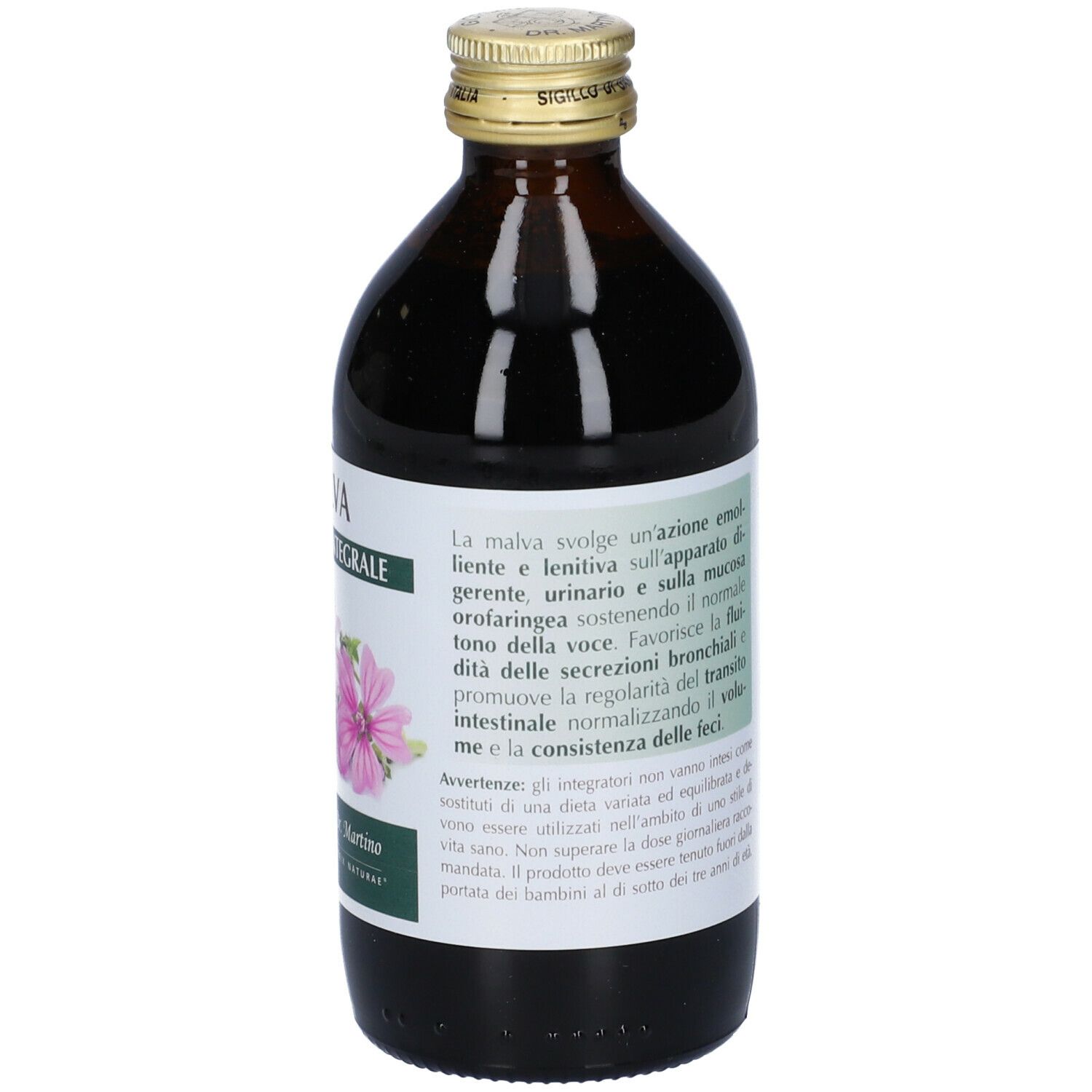 Bottiglia di vetro marrone. Etichetta con informazioni sul prodotto. Scritta: MALVA, estratto. Produttore: Giorgini Dr. Martino. 200 ml.