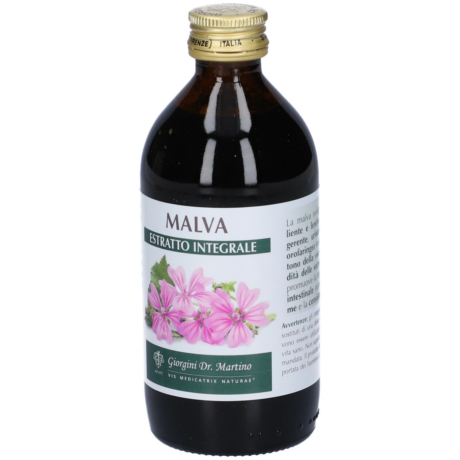 Bottiglia di vetro marrone. Etichetta con informazioni sul prodotto. Scritta: MALVA, estratto. Produttore: Giorgini Dr. Martino. 200 ml.