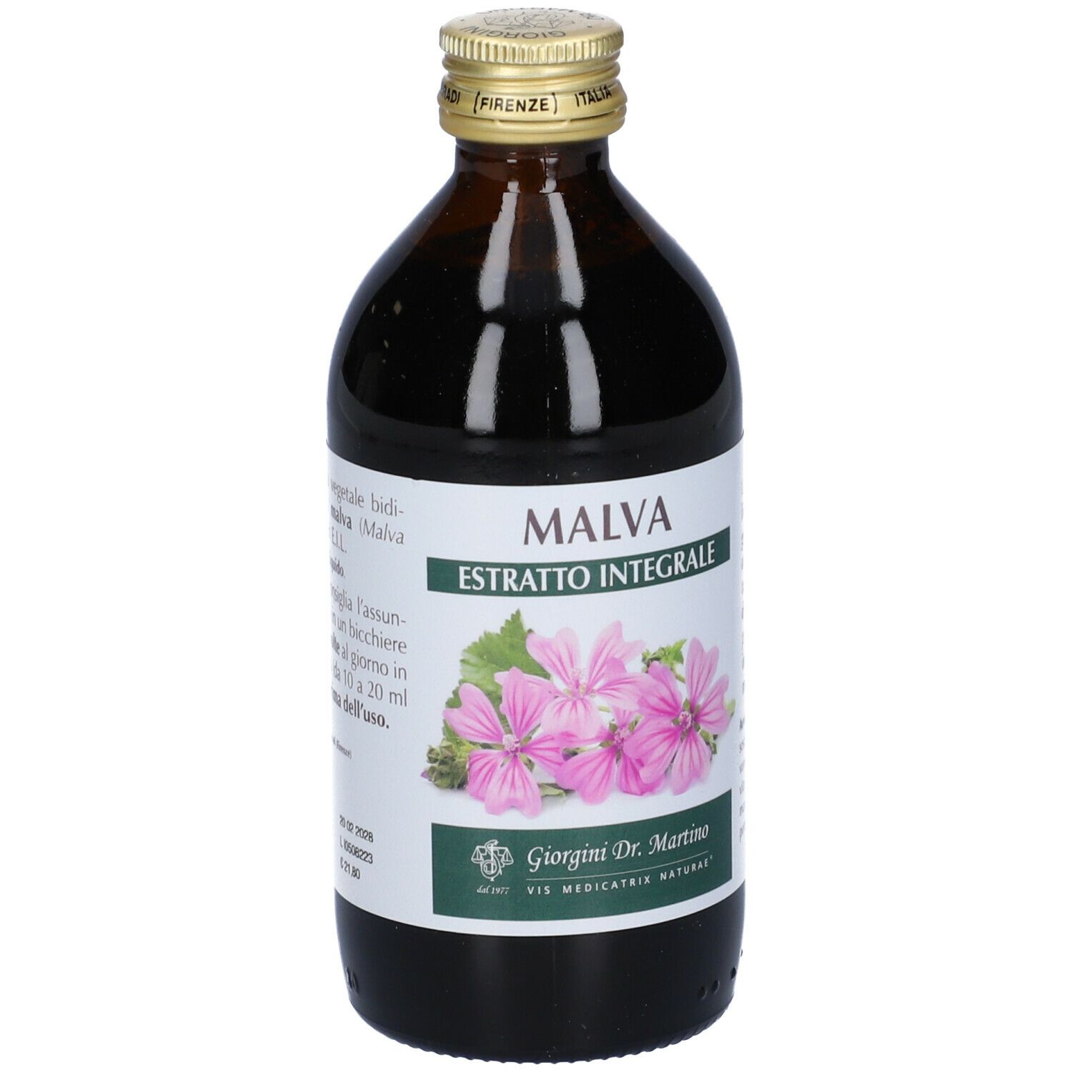 Bottiglia di vetro marrone. Scritta: MALVA, estratto. Etichetta con fiori di malva. Produttore: Giorgini Dr. Martino.
