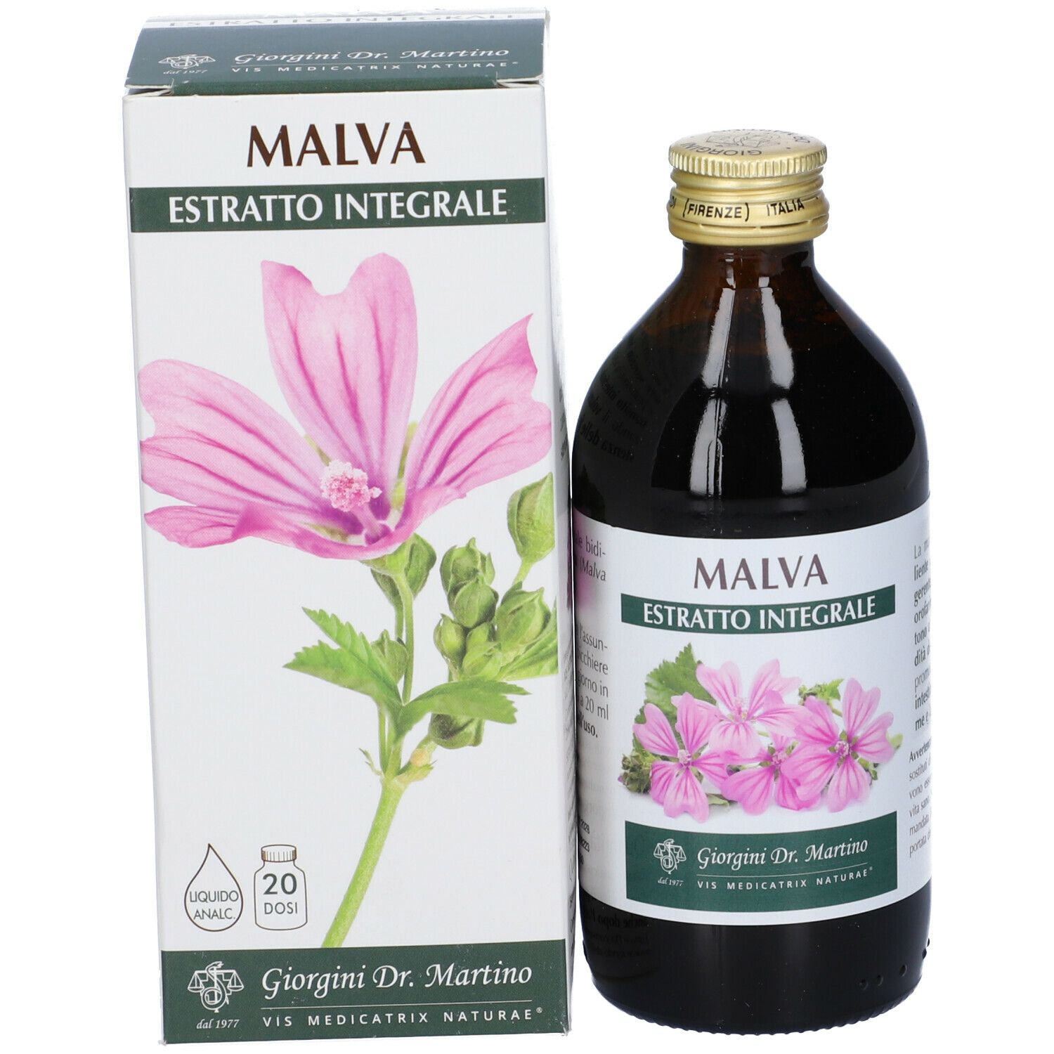Bottiglia di vetro marrone e scatola. Scritta: MALVA, estratto. Illustrazione di un fiore di malva. Produttore: Giorgini Dr. Martino.