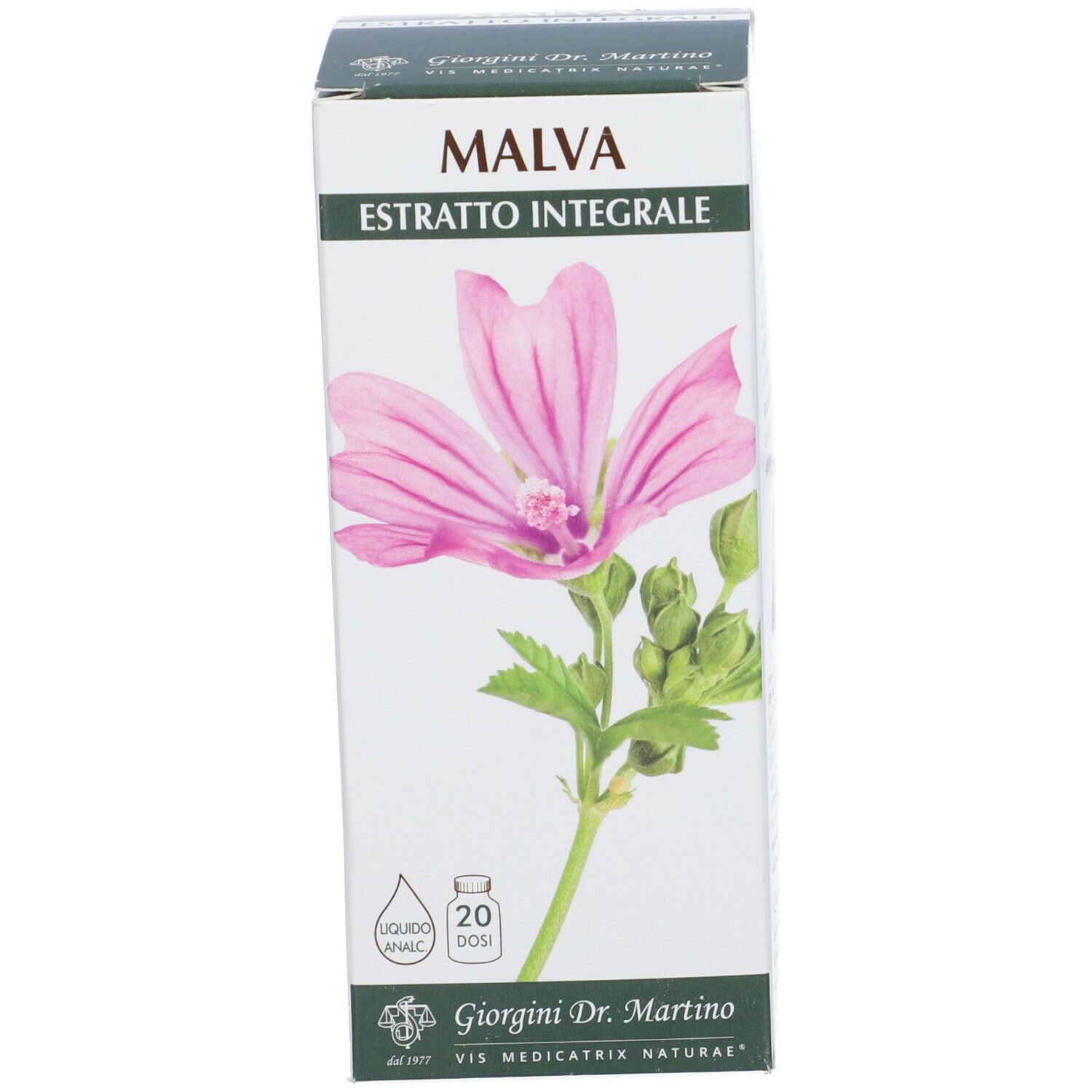 Scatola con illustrazione di fiori di malva. Scritta: MALVA, estratto. Produttore: Giorgini Dr. Martino. 20 dosi.