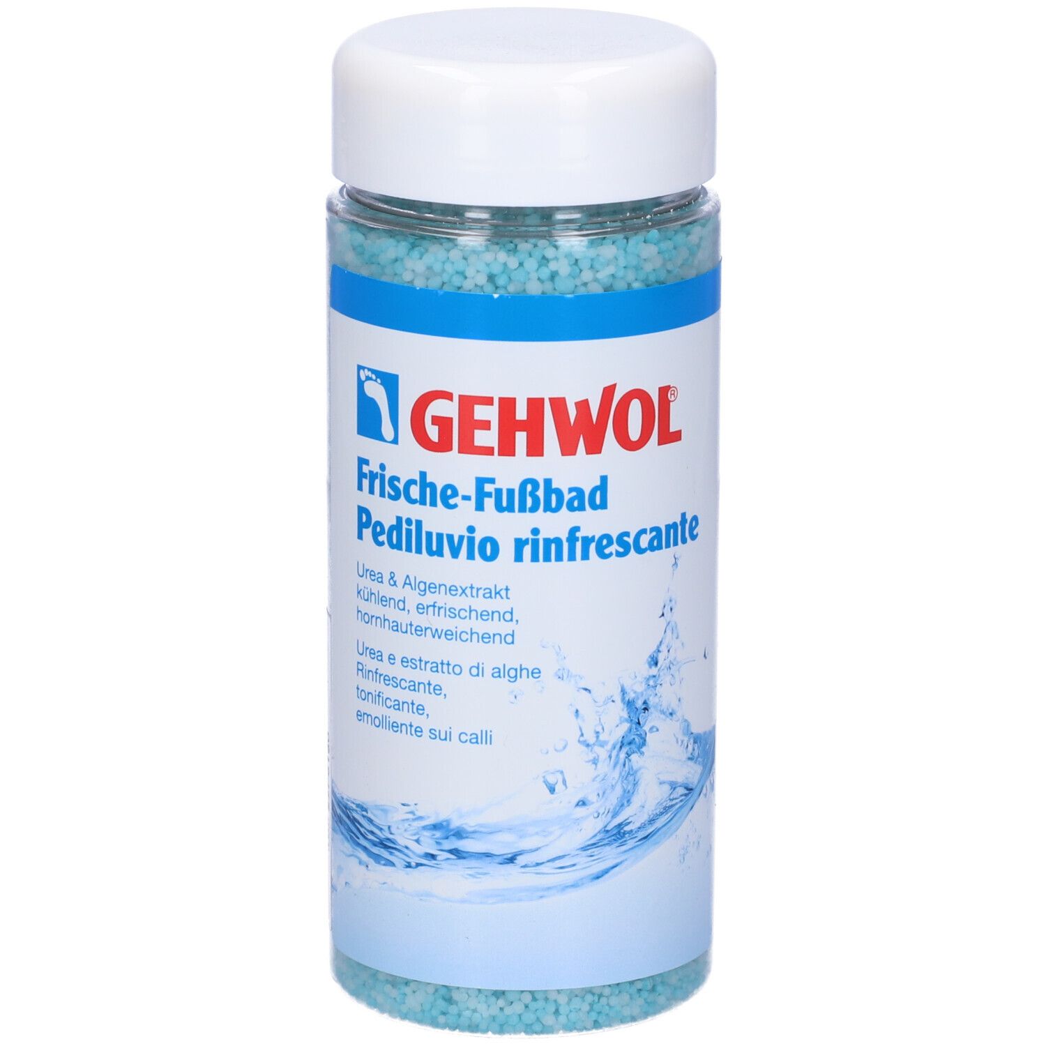 Gehwol pediluvio in barattolo. Granuli blu. Coperchio bianco. Scritta: Frische-Fußbad, Pediluvio rinfrescante.