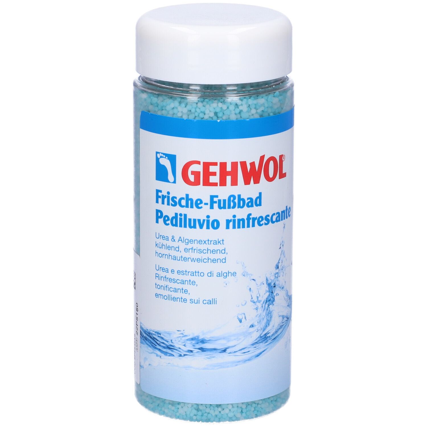 Gehwol pediluvio in barattolo. Granuli blu. Coperchio bianco. Scritta: Frische-Fußbad, Pediluvio rinfrescante.