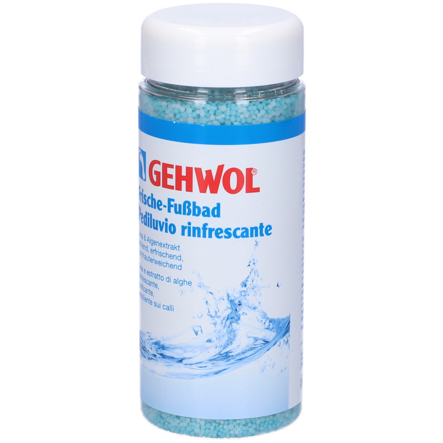 Gehwol pediluvio in barattolo. Granuli blu. Coperchio bianco. Scritta: Frische-Fußbad, Pediluvio rinfrescante.