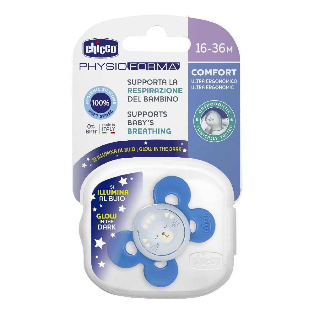 Chicco succhietto blu e bianco, confezione. Silicone, 16-36 mesi. Si illumina al buio. Ortodontico.