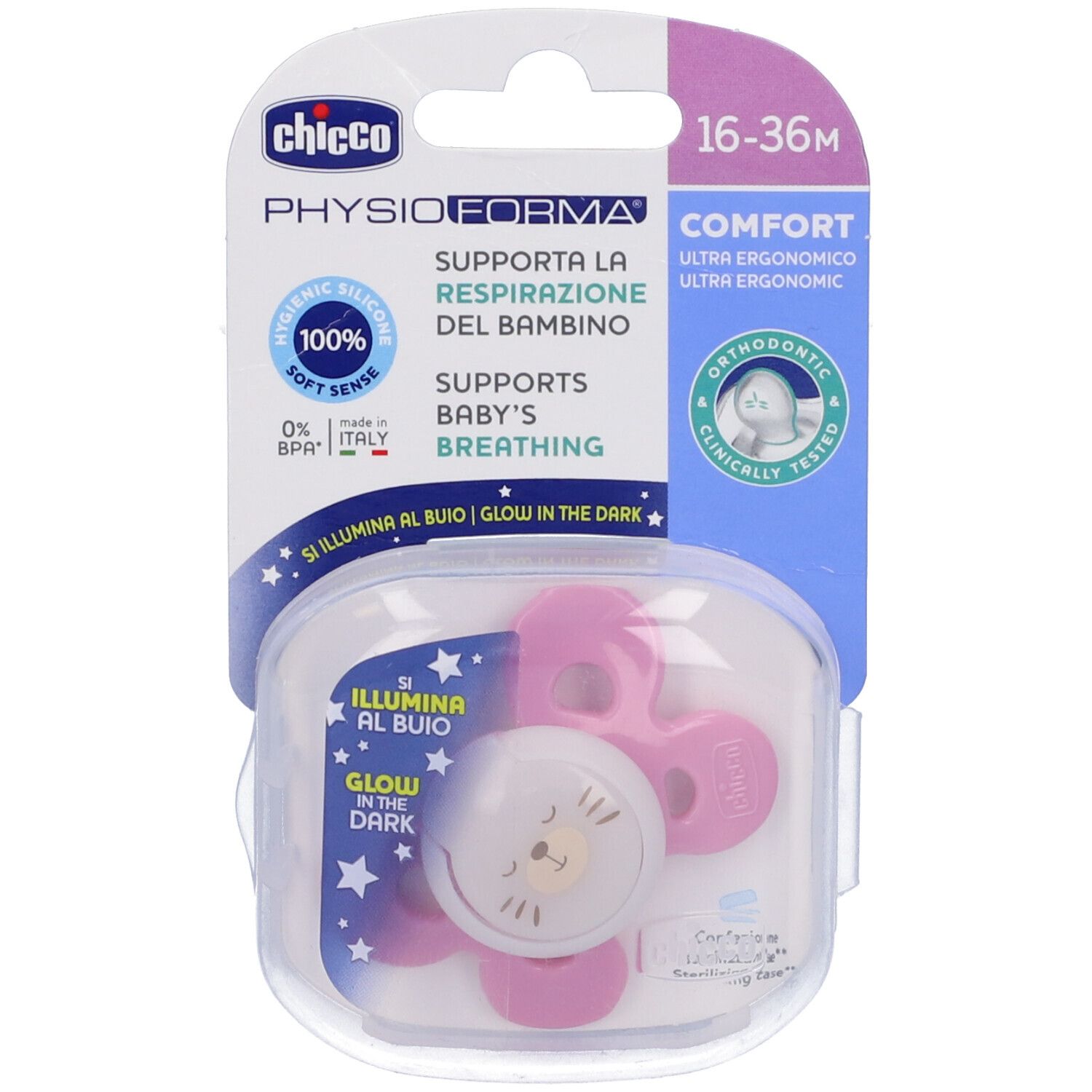 Chicco succhietto rosa e bianco, confezione. Silicone, 16-36 mesi. Si illumina al buio. Ortodontico.