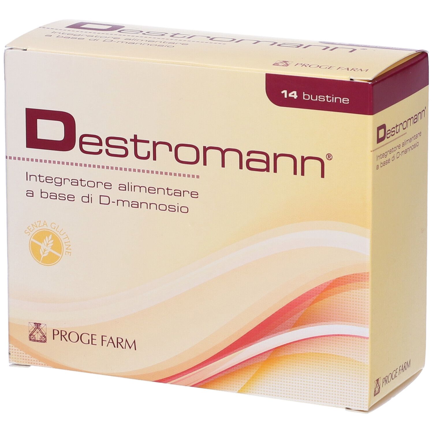 Scatola beige con Destromann. Contiene 14 bustine. Sigillo senza glutine.