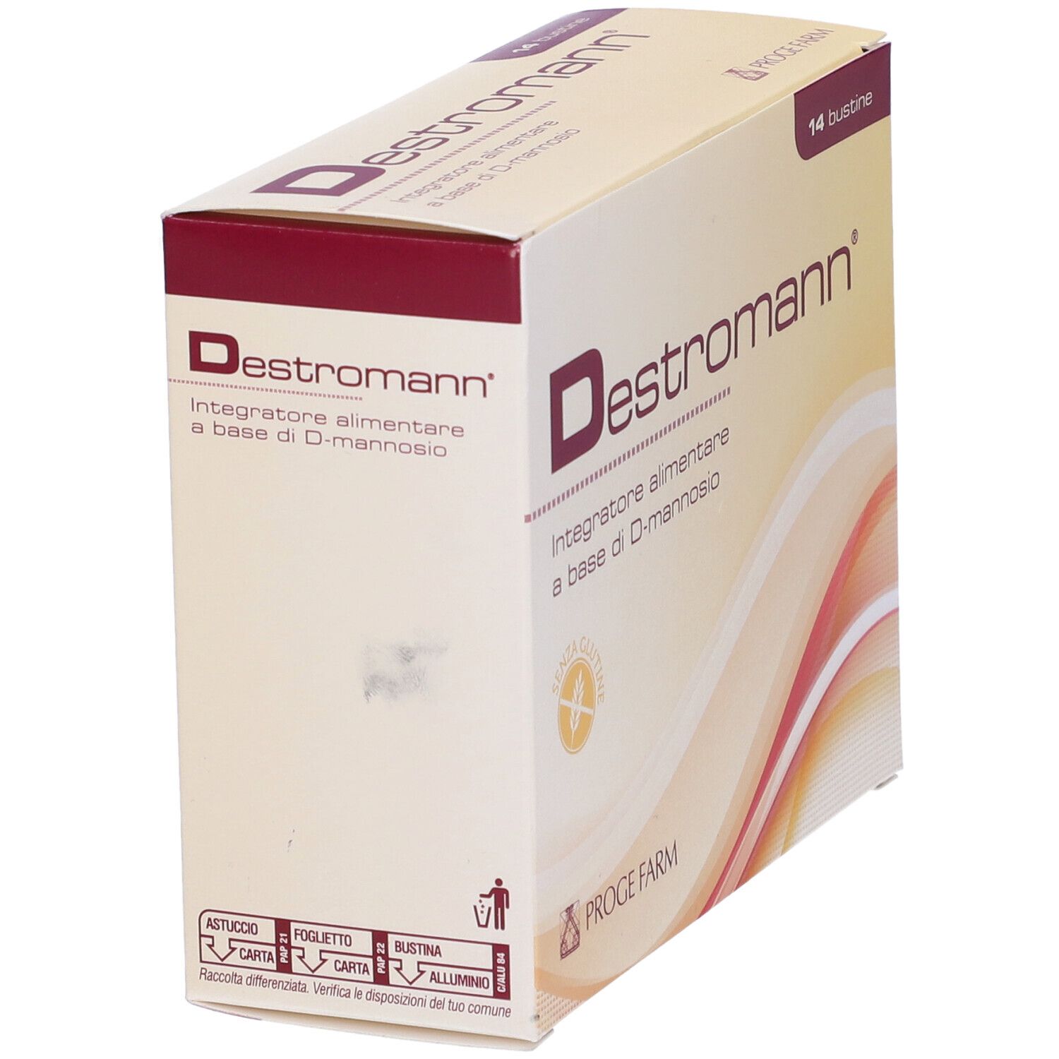 Scatola Destromann, beige con coperchio rosso. Contiene 14 bustine. Testo: Integratore alimentare.