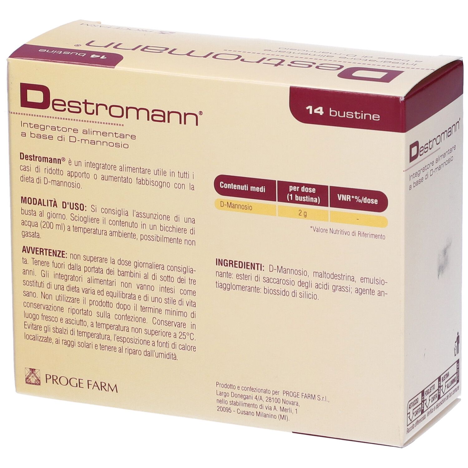 Scatola Destromann, beige con coperchio rosso. Contiene 14 bustine. Retro con informazioni.