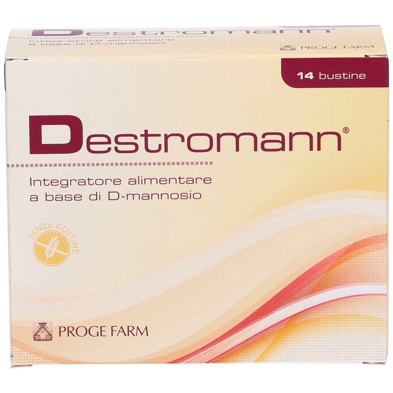 Scatola beige con Destromann. Contiene 14 bustine. Sigillo senza glutine.
