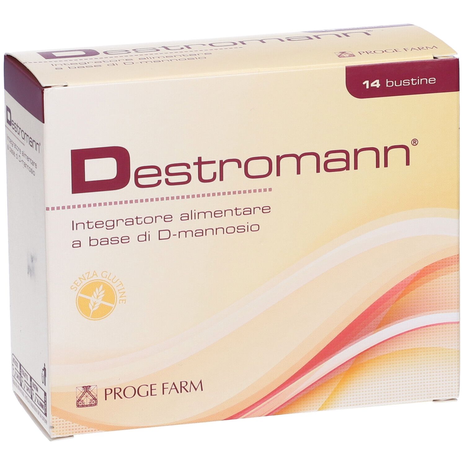Scatola beige con Destromann. Contiene 14 bustine. Sigillo senza glutine.