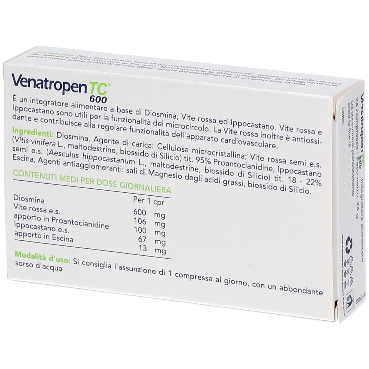 Rückseite der Venatropen TC 600 Schachtel. Text mit Inhaltsstoffen und Dosierung. Weiß mit grünen Details.