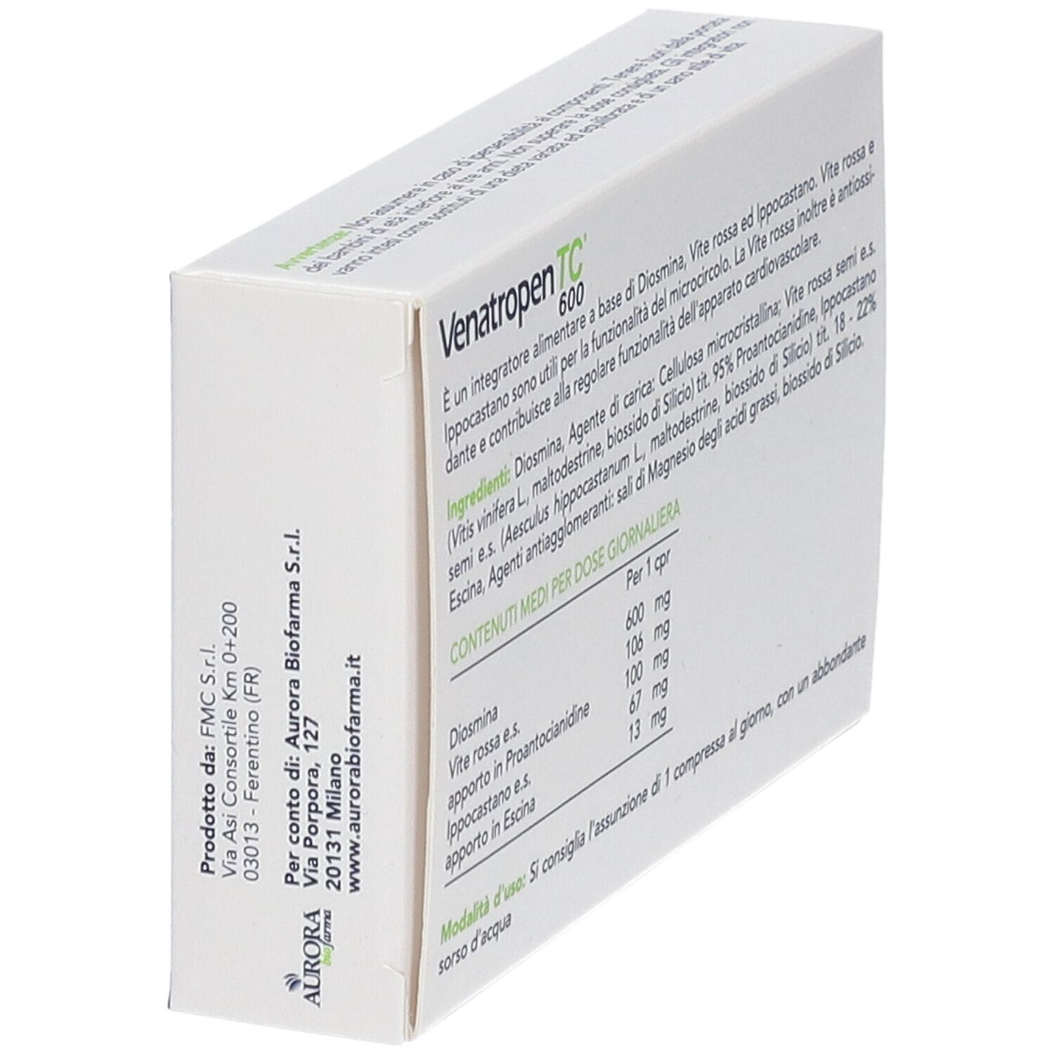 Venatropen TC 600 Schachtel, schräg. Rückseite mit Text über Inhaltsstoffe und Dosierung.