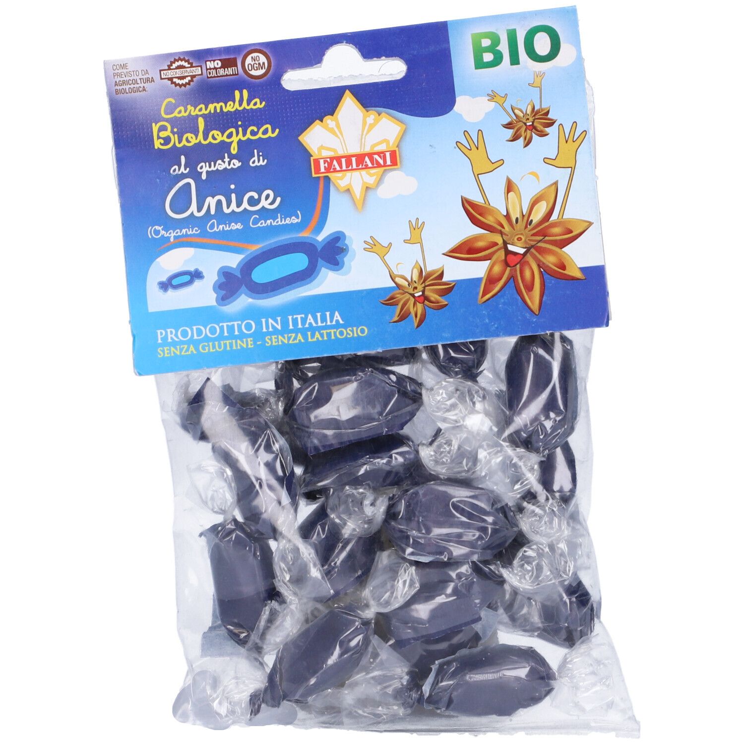 Busta di caramelle. Scritto: Caramella Biologica al gusto di Anice. Certificazione bio.