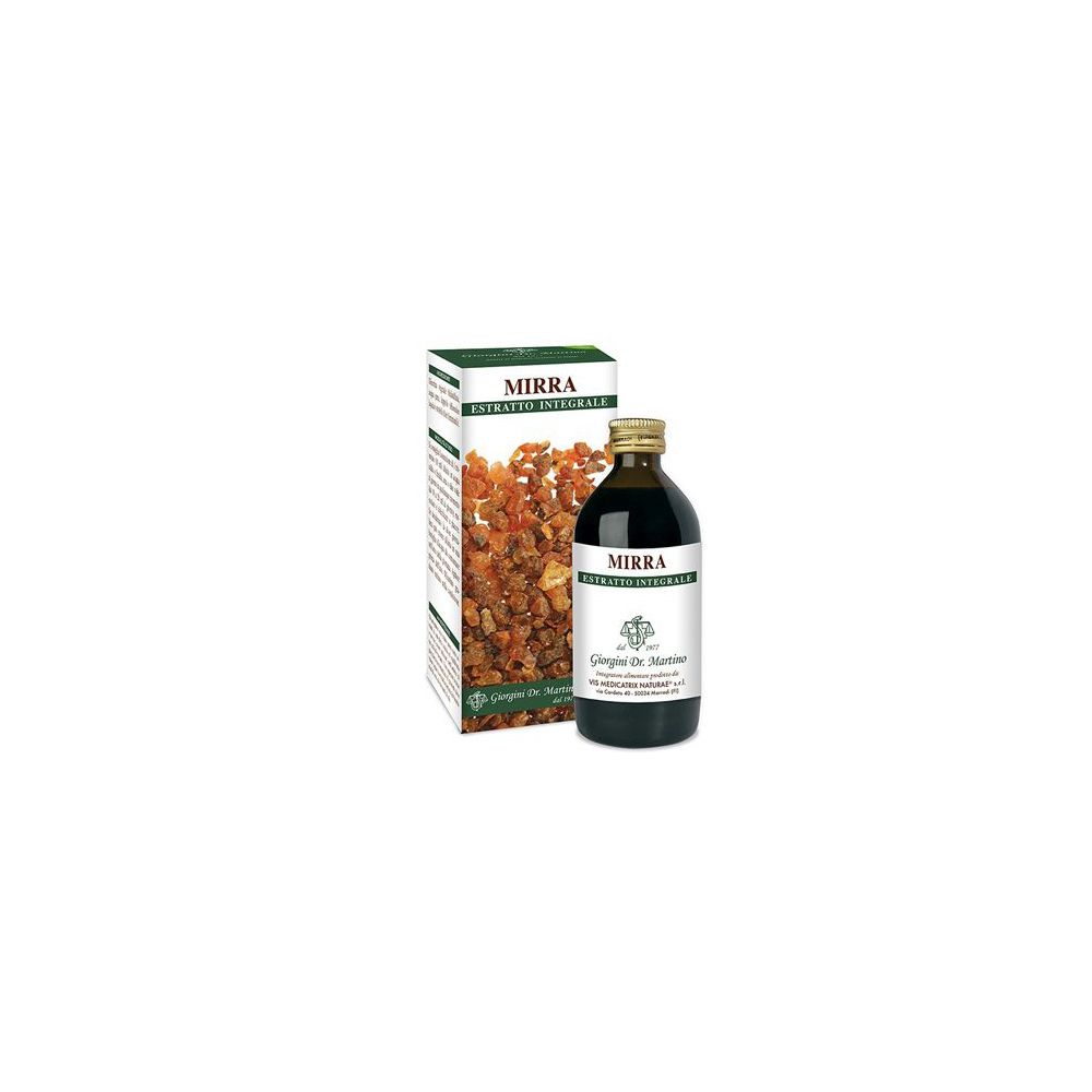 Bottiglia di vetro marrone con tappo dorato ed etichetta. Accanto, scatola con pezzi marroni. Testo: Mirra Estratto Integrale.