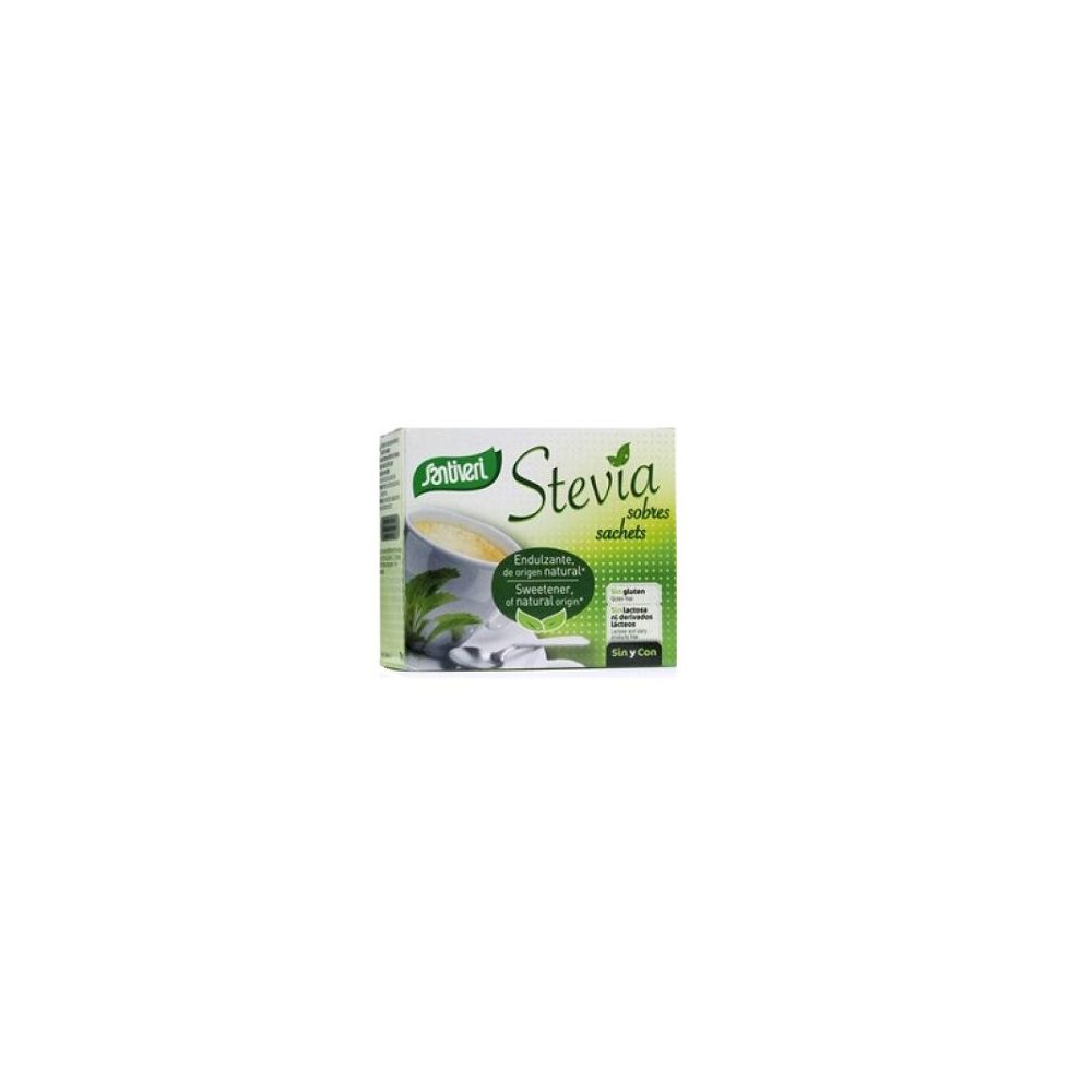 Scatola di bustine di Stevia. Design verde e bianco con nome e logo del prodotto. Contiene 50 bustine.