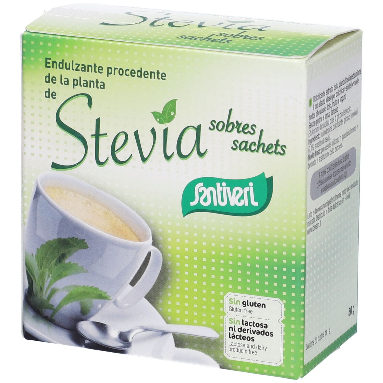 Scatola di bustine di Stevia. Nome e logo del prodotto visibili. Senza glutine e senza lattosio.