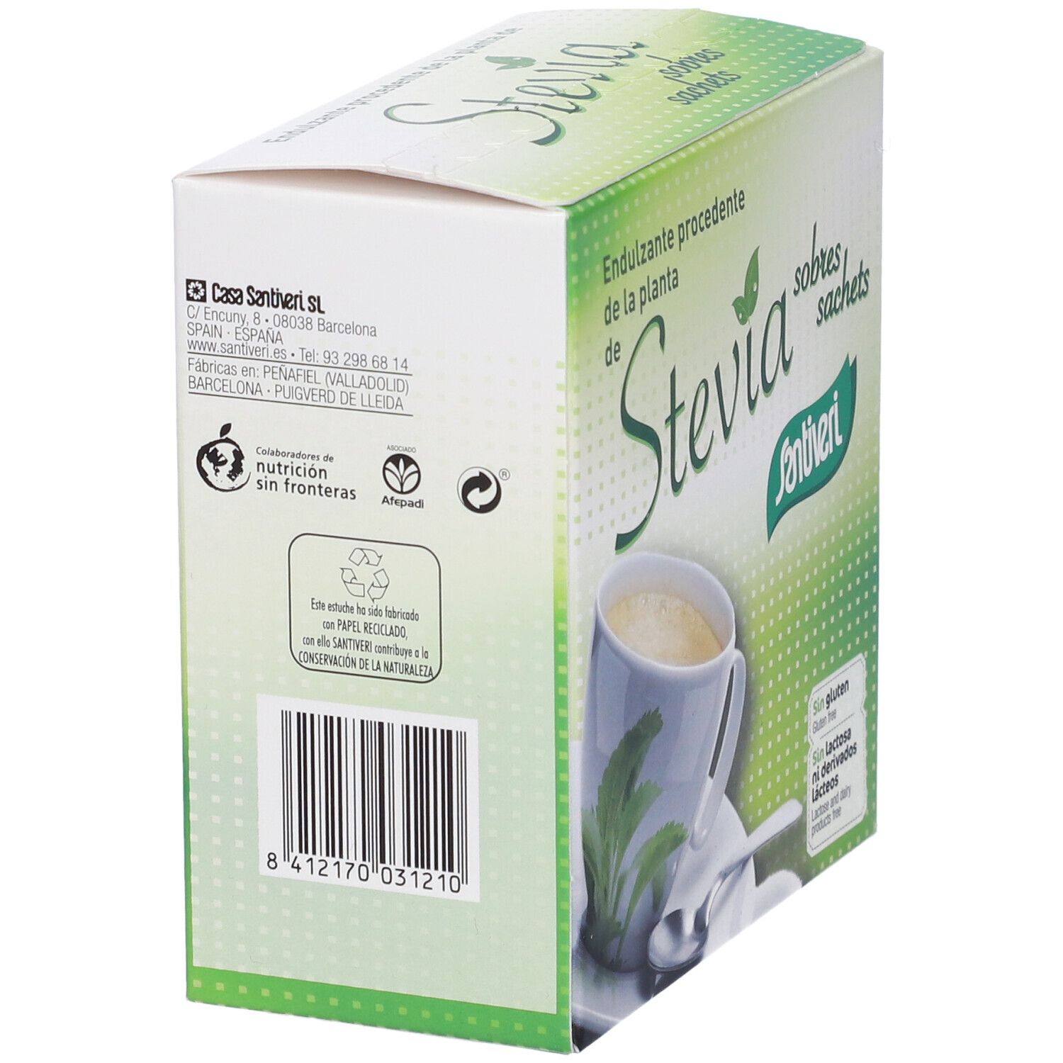Retro della scatola di bustine di Stevia. Informazioni sul produttore, riciclaggio e codice a barre.