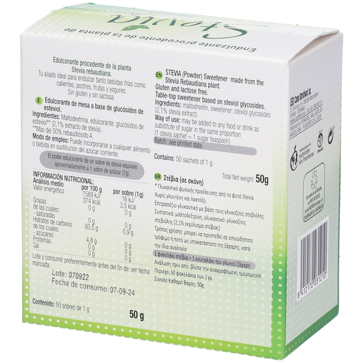 Scatola di bustine di Stevia. Informazioni nutrizionali e ingredienti stampati. Contiene 50 bustine.