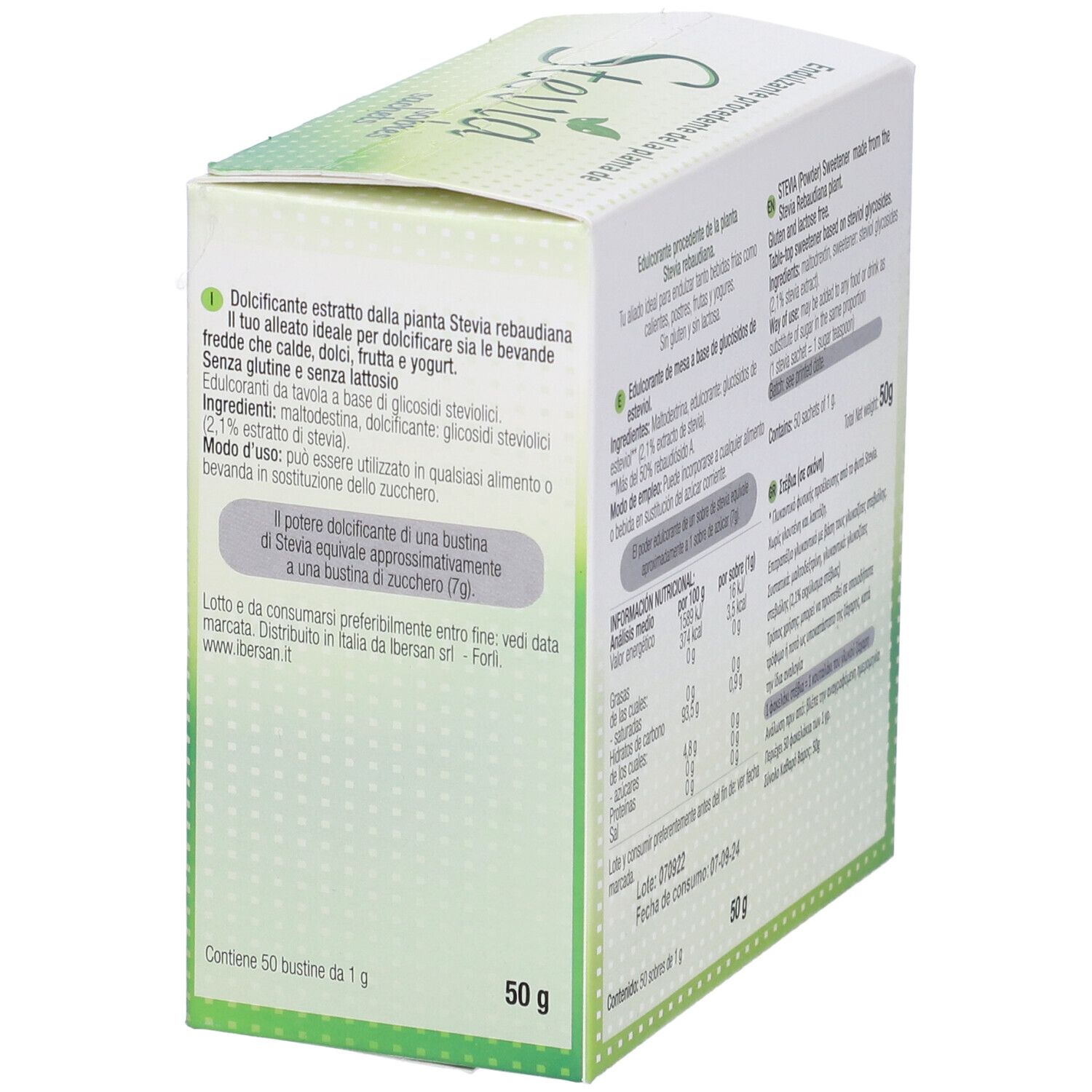 Scatola di bustine di Stevia. Vista dettagliata degli ingredienti e delle informazioni nutrizionali.