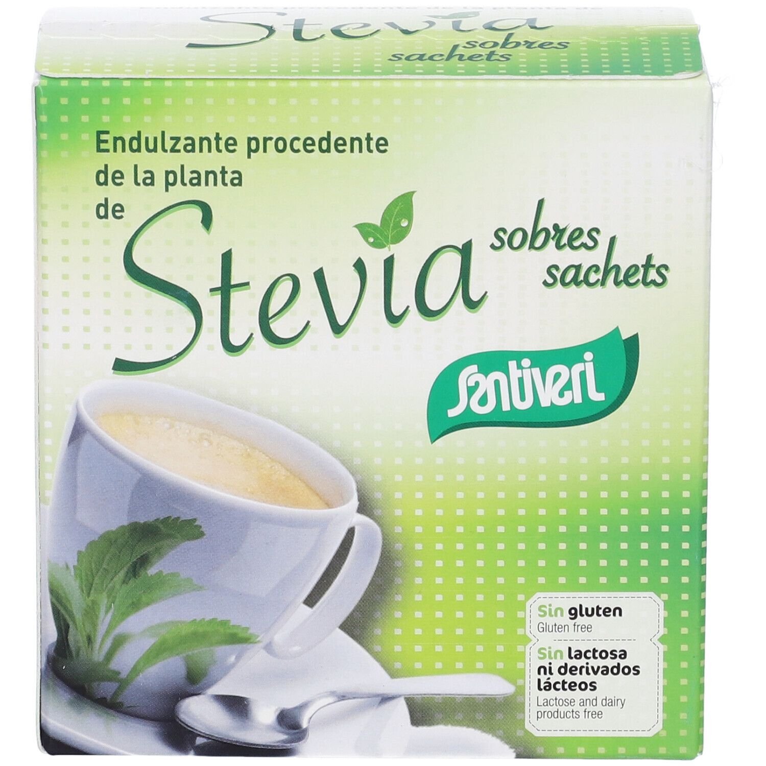 Scatola di bustine di Stevia. Nome e logo del prodotto visibili. Senza glutine e senza lattosio.