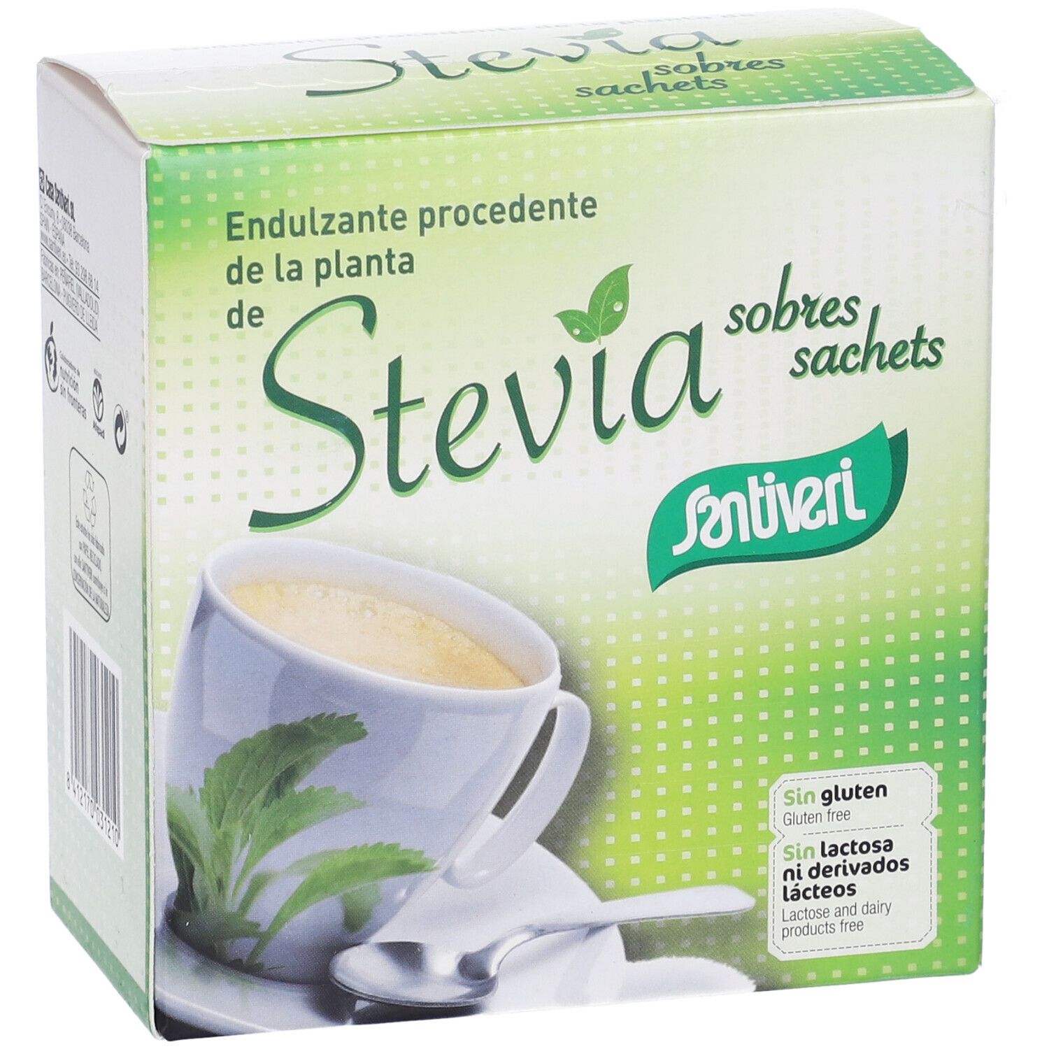 Scatola di bustine di Stevia. Nome e logo del prodotto visibili. Senza glutine e senza lattosio.