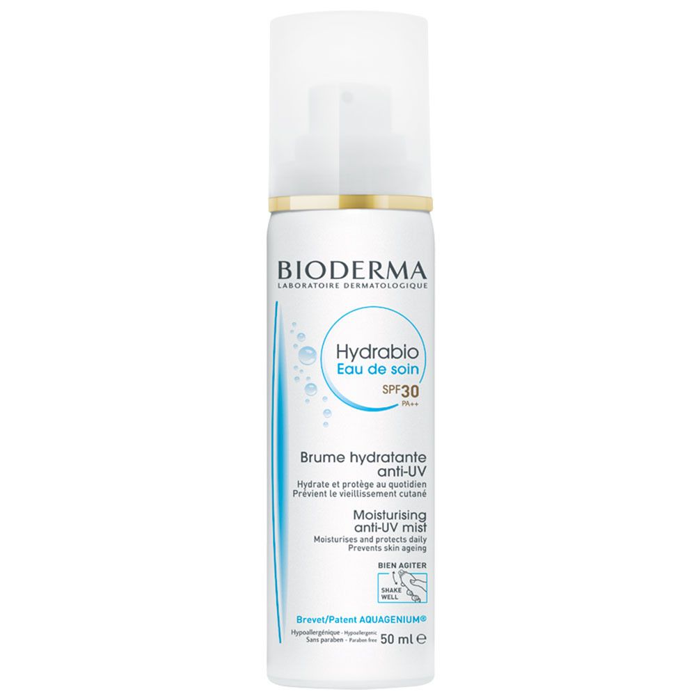 Flacone spray bianco con testo BIODERMA, Hydrabio Eau de Soin SPF 30. Accenti blu. Erogatore e tappo.