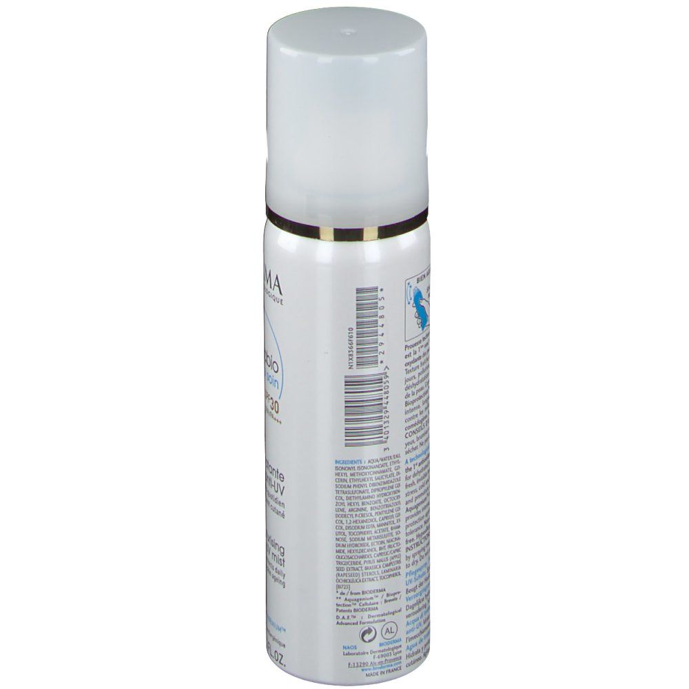 Flacone spray bianco. Retro con testo e codice a barre. Anello dorato. Tappo bianco.