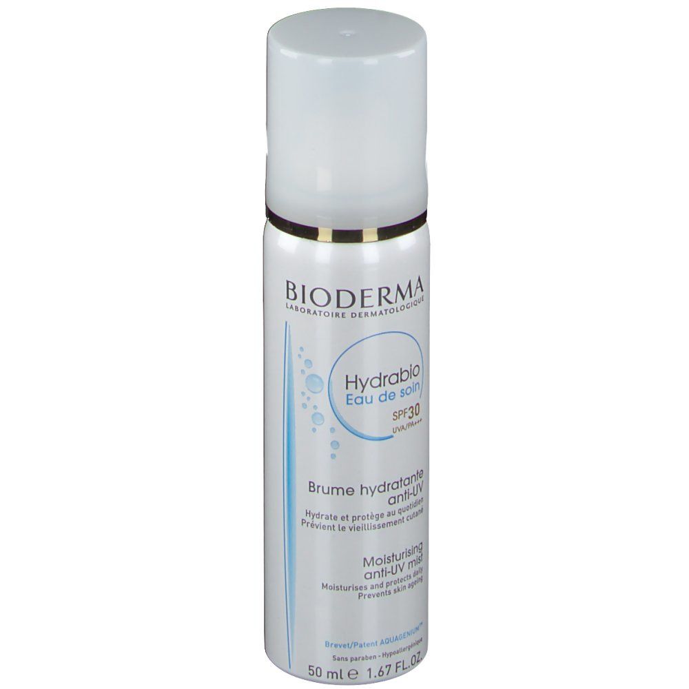 Flacone spray bianco con testo BIODERMA, Hydrabio Eau de Soin SPF 30. Accenti blu. Tappo bianco.
