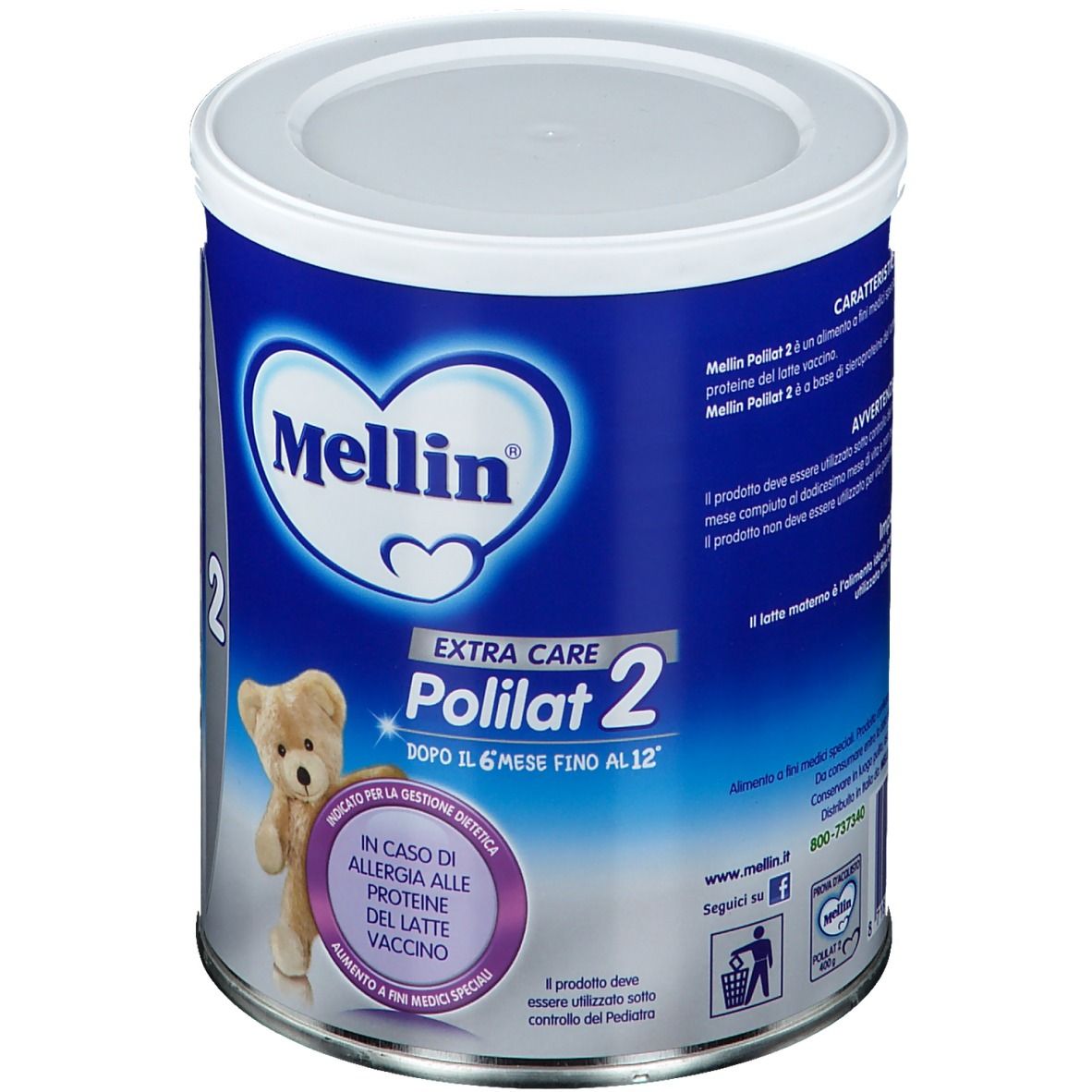 Barattolo blu con coperchio bianco. Scritta Mellin Polilat 2, illustrazione orsetto. Per allergie.
