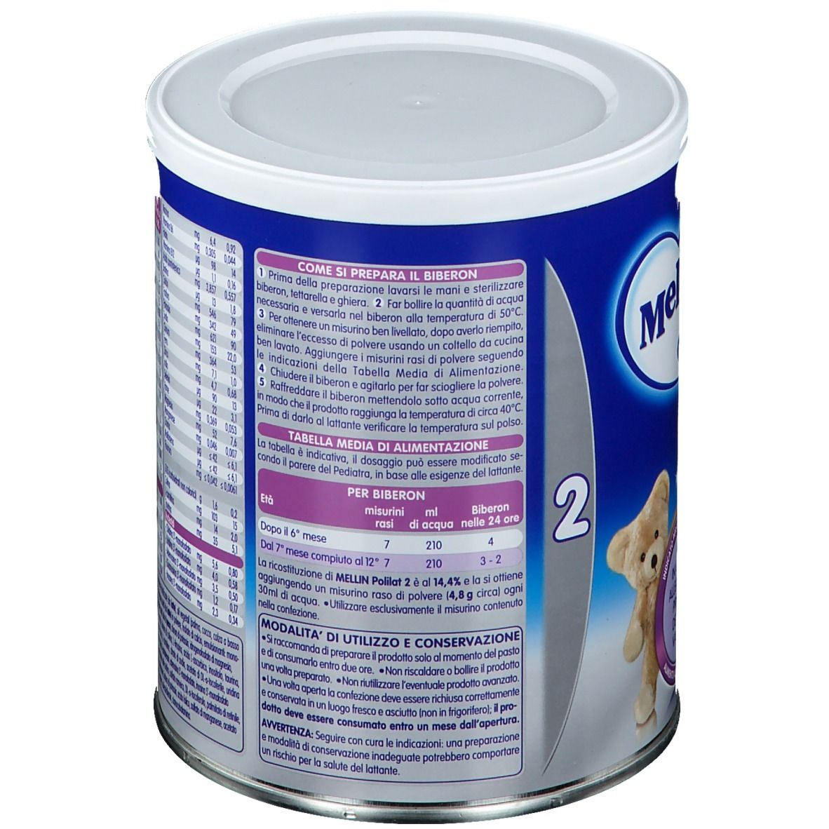 Barattolo blu con coperchio bianco. Istruzioni per la preparazione e tabella nutrizionale. Illustrazione orsetto.