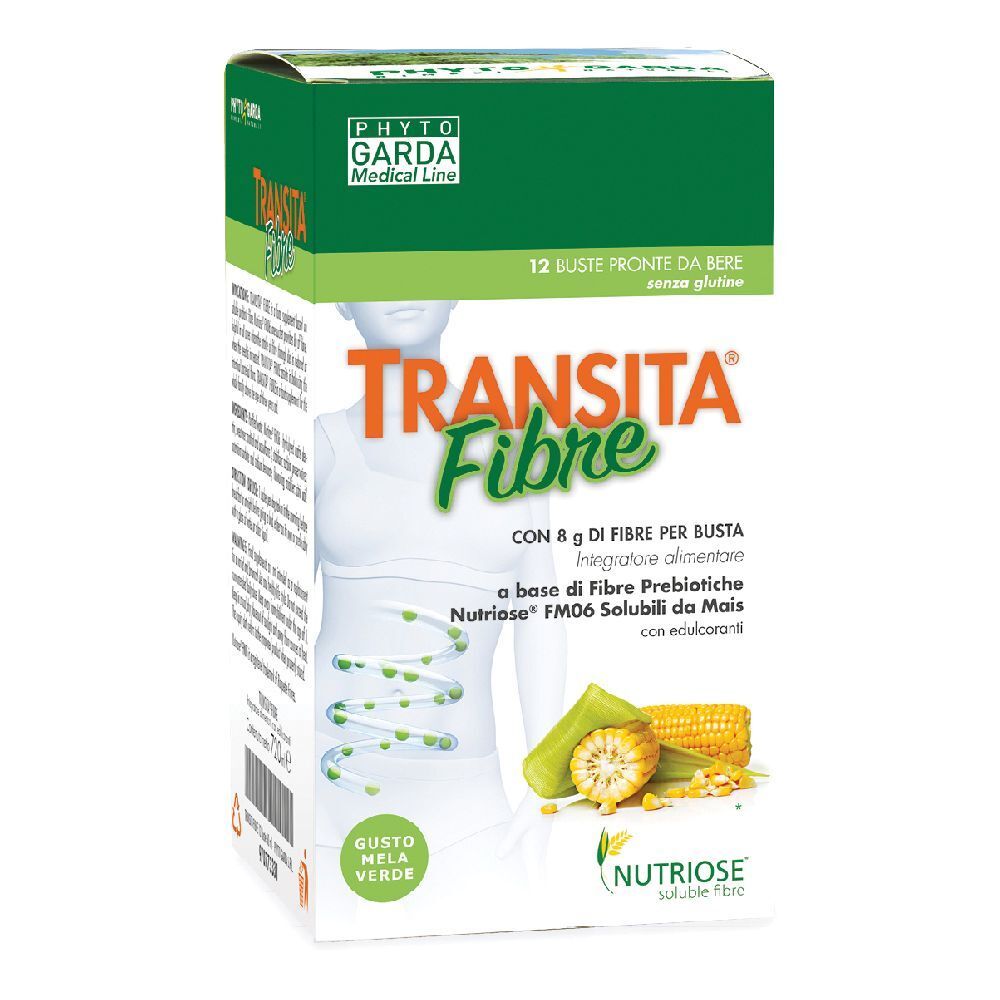Confezione di 12 bustine Transita Fibre. 8 g di fibre per bustina, fibre prebiotiche, mais. Gusto mela verde.