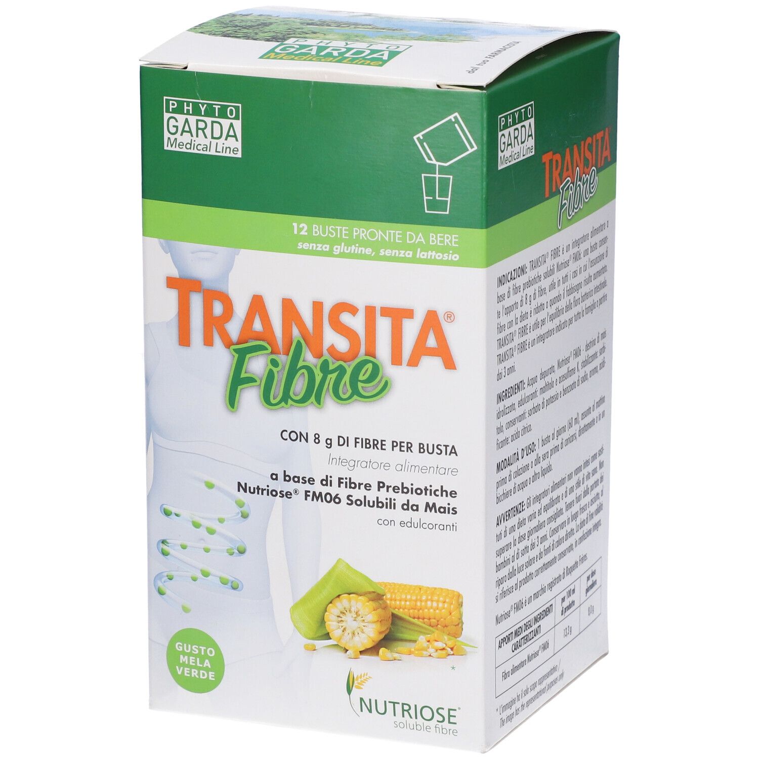 Scatola Transita Fibre con 12 bustine. 8 g di fibre per bustina, fibre prebiotiche, mais. Senza glutine e lattosio.