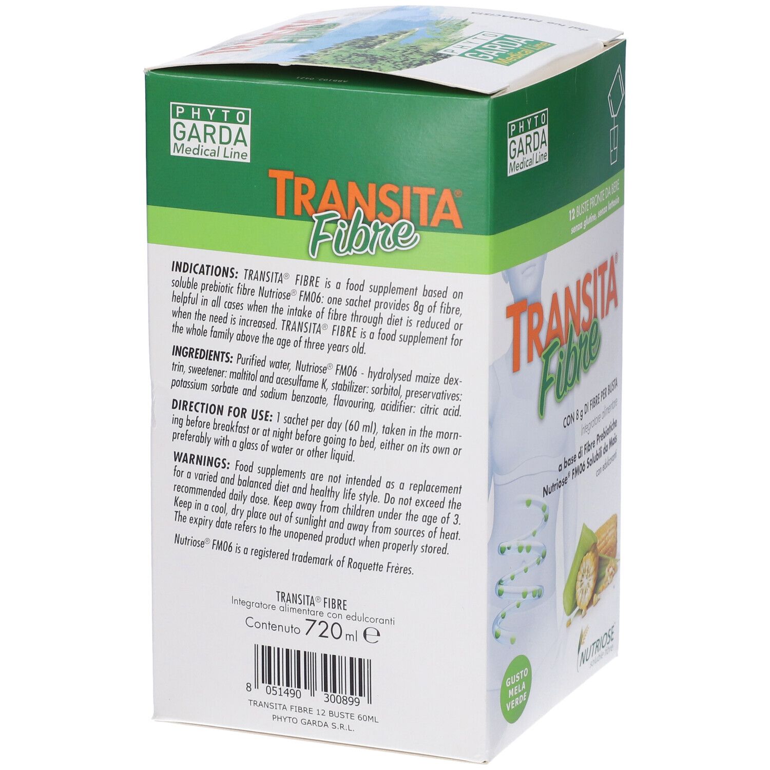 Retro della confezione Transita Fibre. Contiene informazioni su ingredienti, uso e valori nutrizionali. 720 ml.