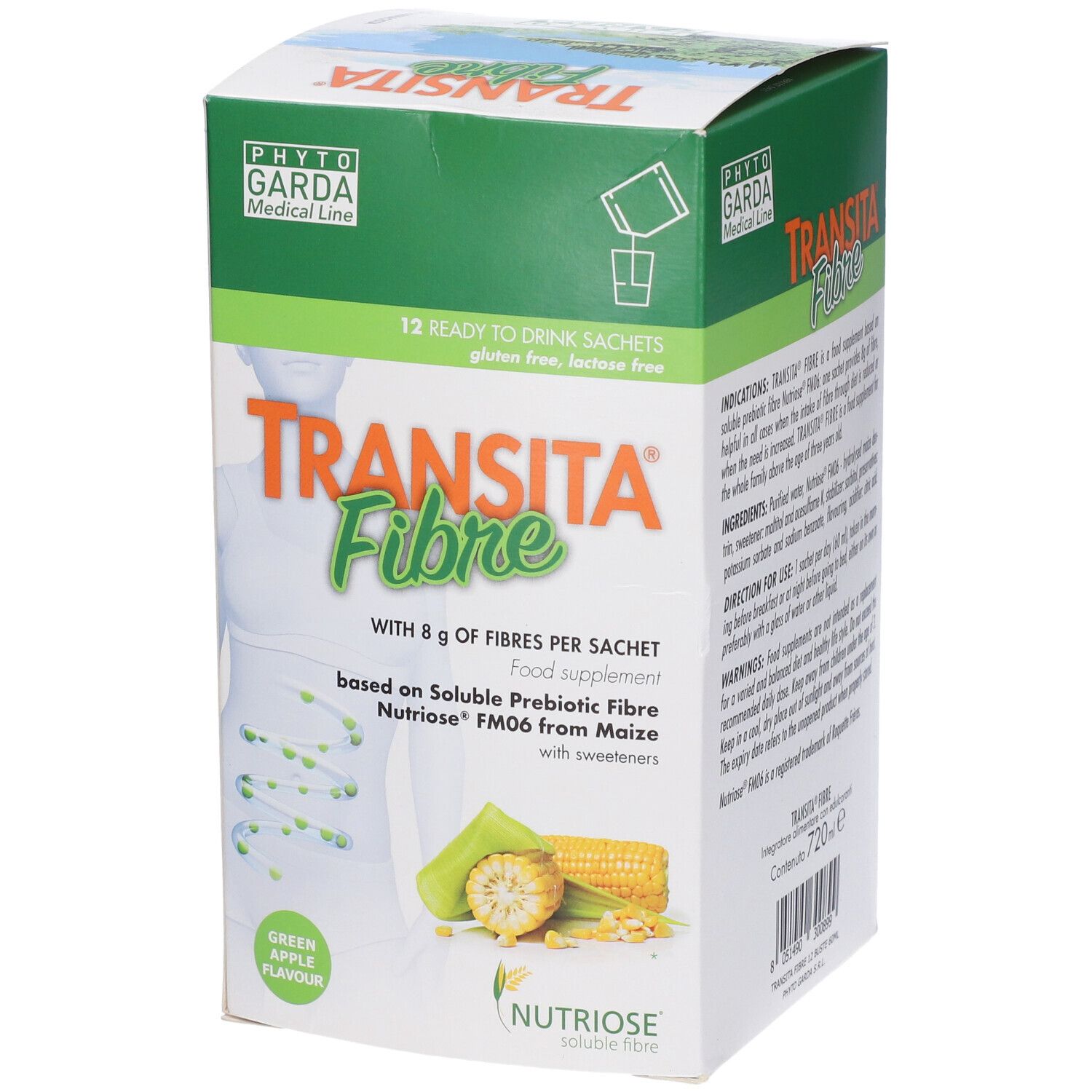 Confezione Transita Fibre con 12 bustine. 8 g di fibre per bustina, fibre prebiotiche, mais. Con edulcoranti.