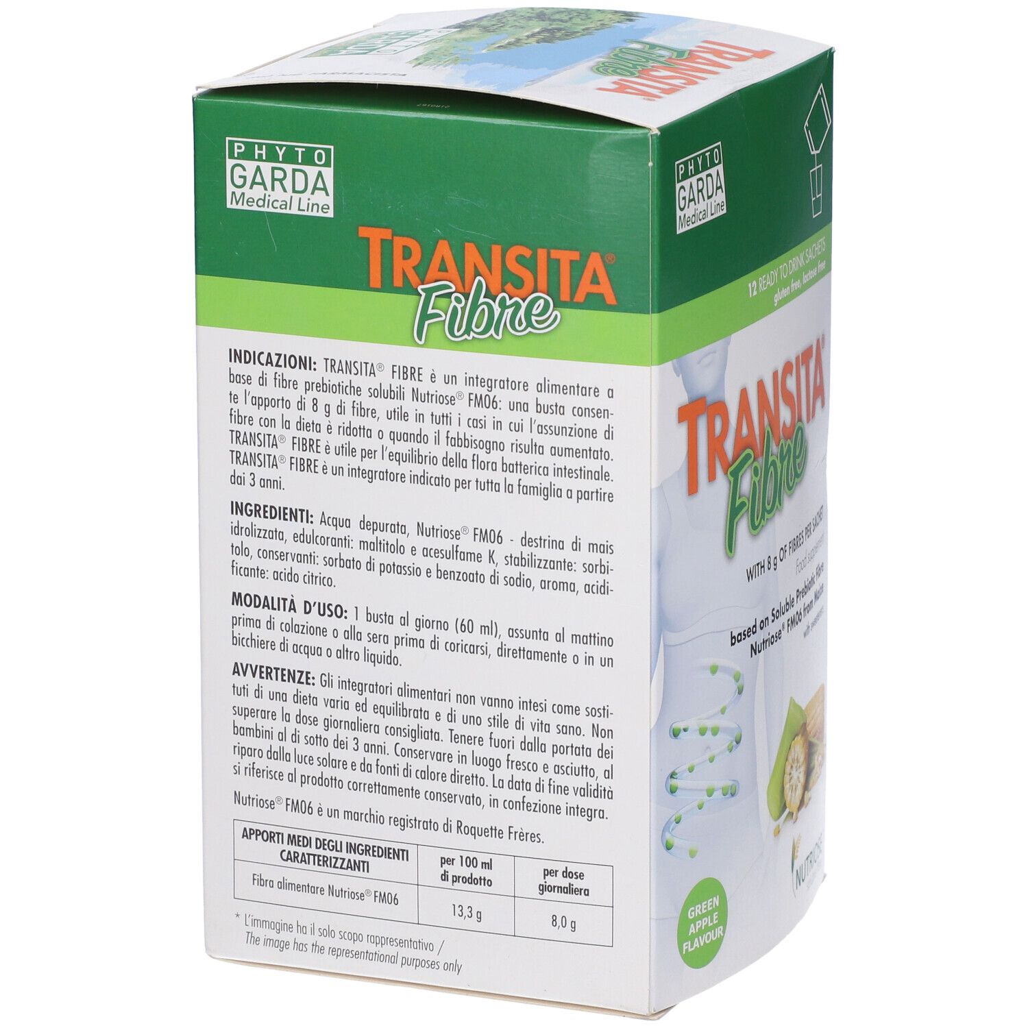Retro della confezione Transita Fibre. Contiene informazioni su ingredienti, uso e valori nutrizionali. Gusto mela verde.