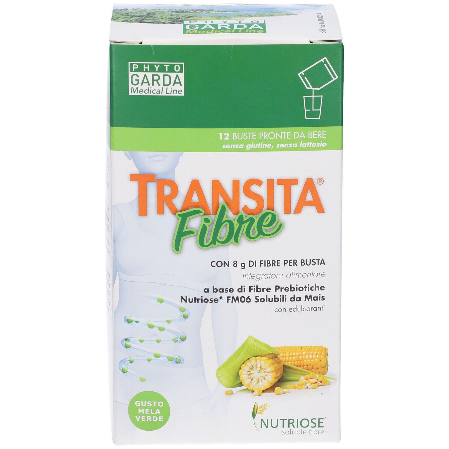 Confezione Transita Fibre con 12 bustine. 8 g di fibre per bustina, fibre prebiotiche, mais. Gusto mela verde.