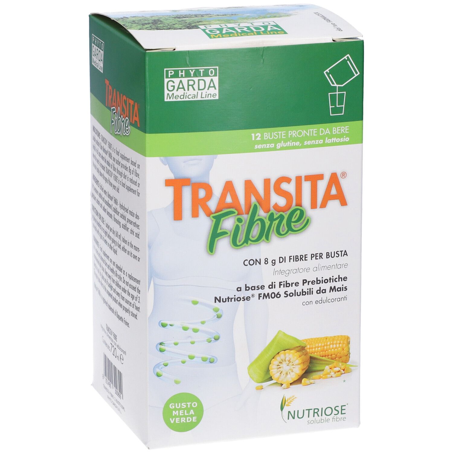 Confezione Transita Fibre con 12 bustine. 8 g di fibre per bustina, fibre prebiotiche, mais. Gusto mela verde.
