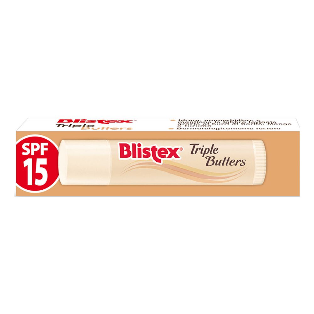 Stick per labbra con SPF 15 in confezione. Nome del prodotto e SPF ben visibili.